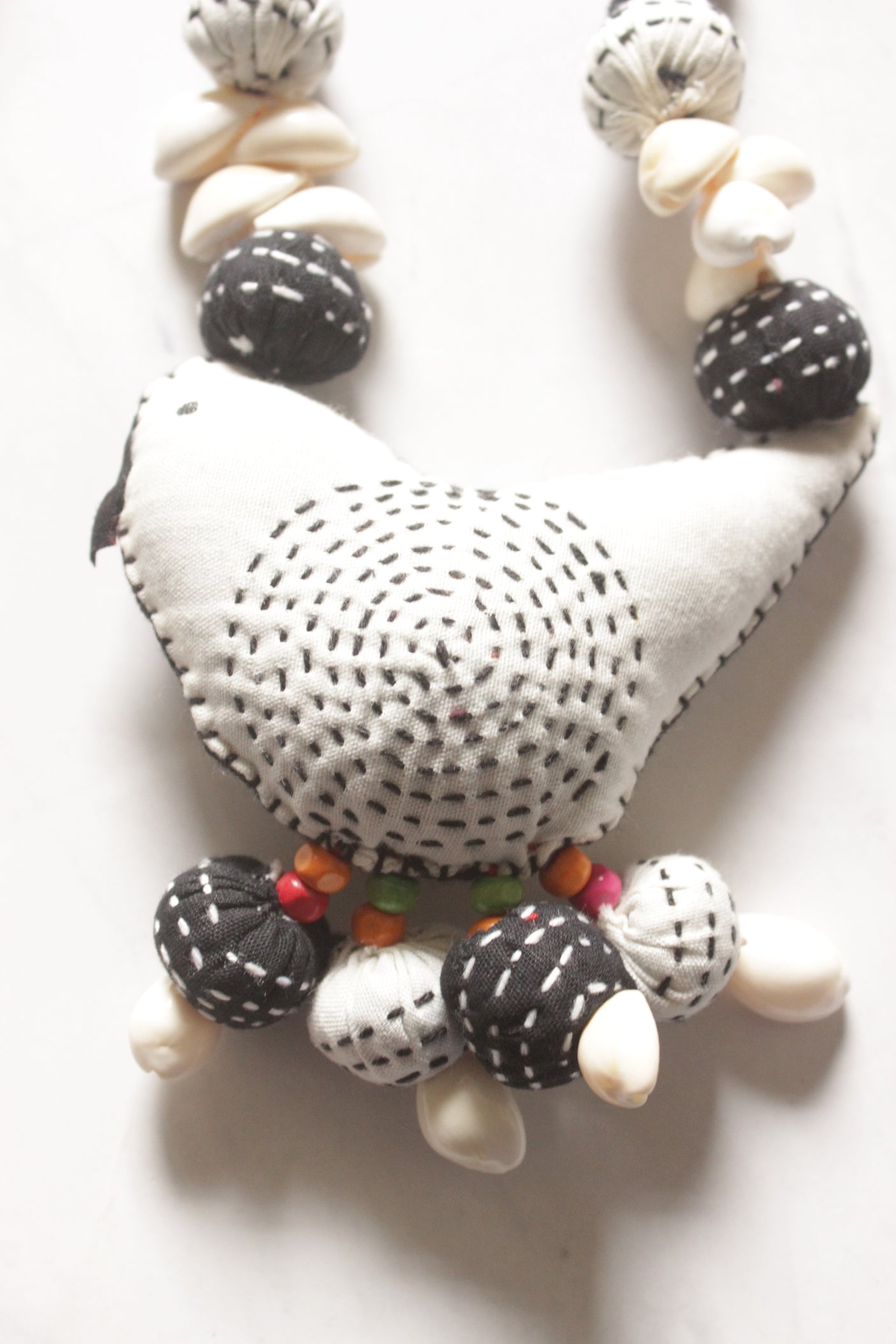 Kantha Embroidered White and Black Fabric Handmade Necklace