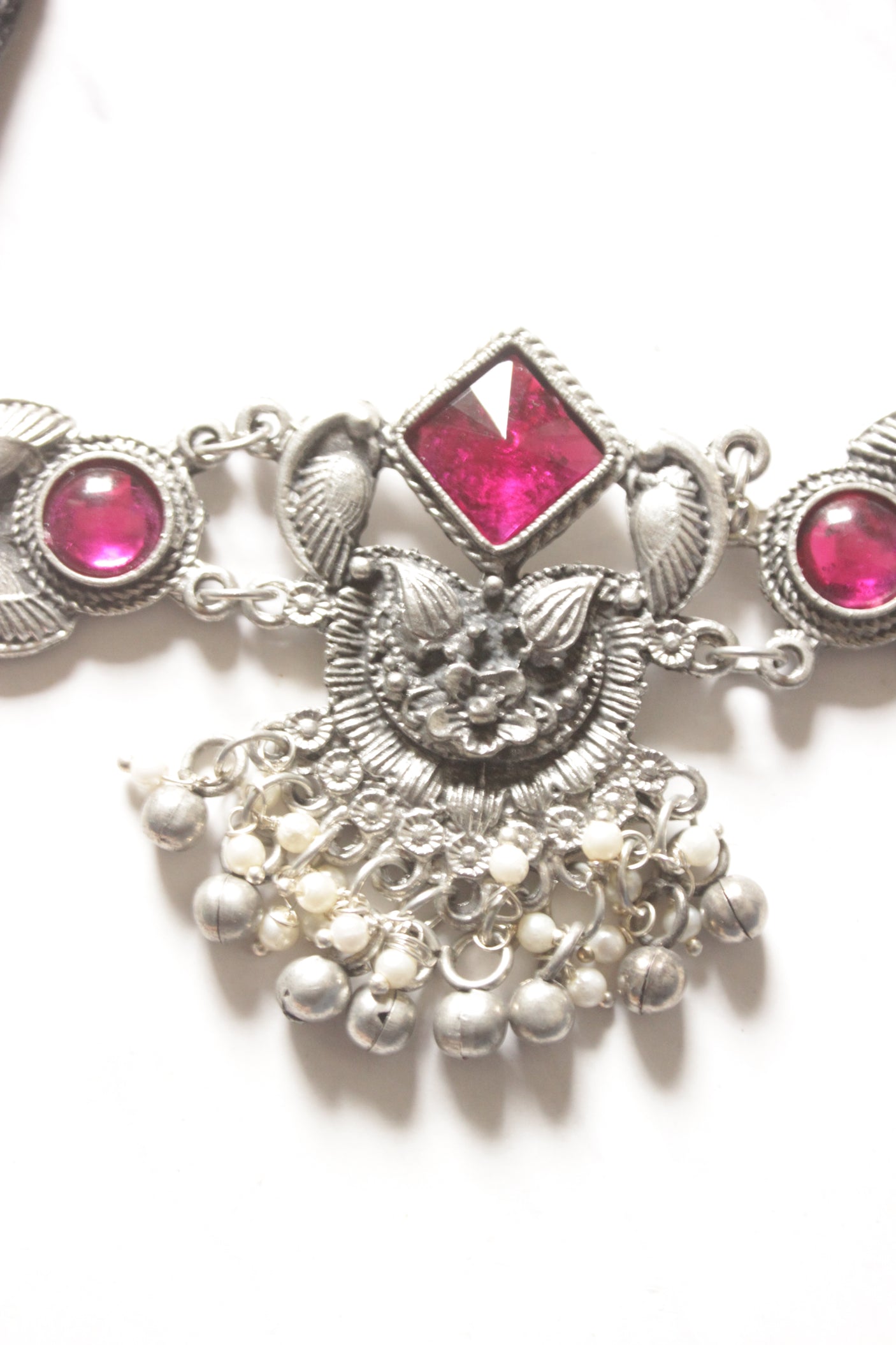 Pink Glass Stones Embedded Oxidised Finish Choker with Adjustable Length