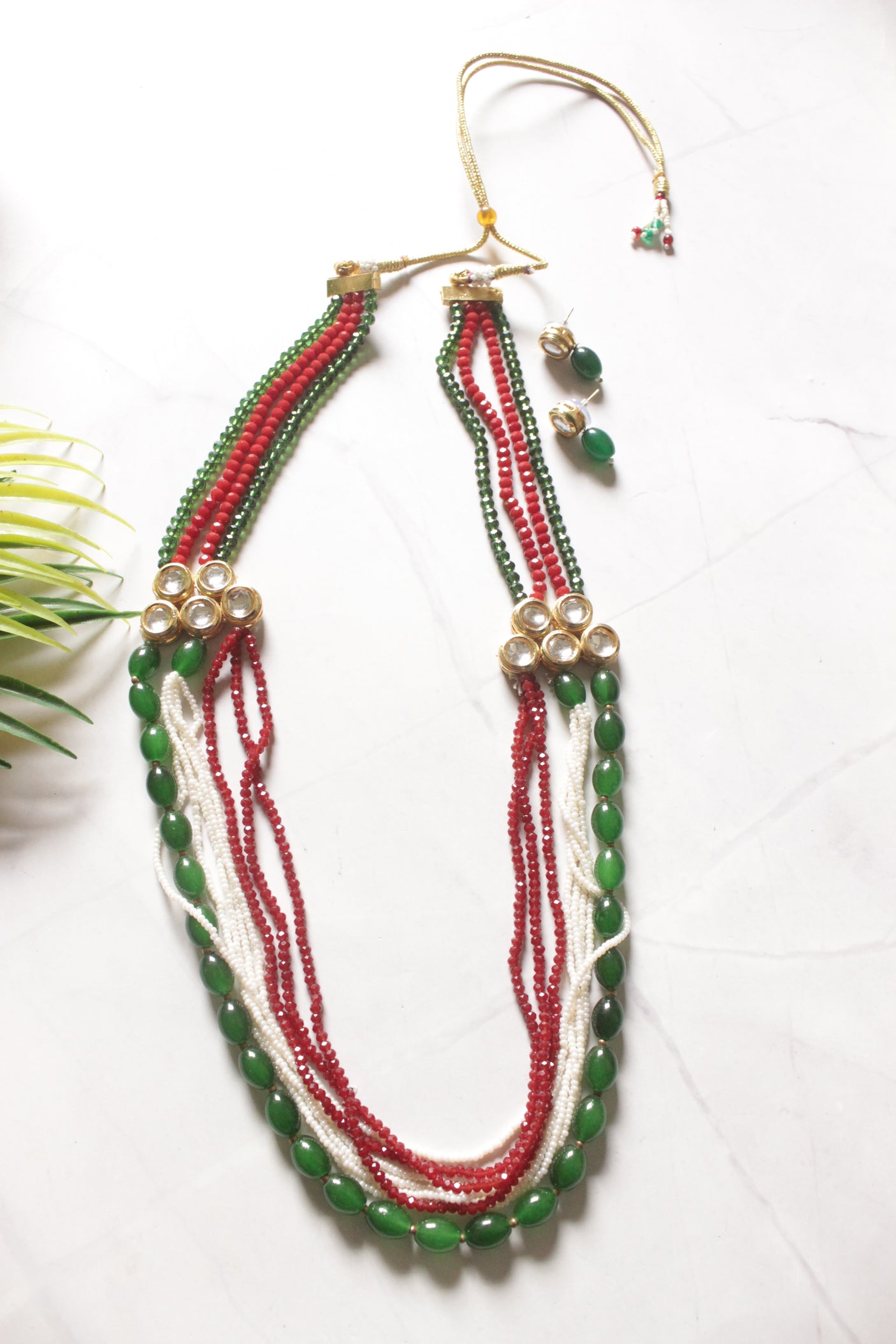 Red and Green Crystal Beads Kundan Embellished Long Necklace Set