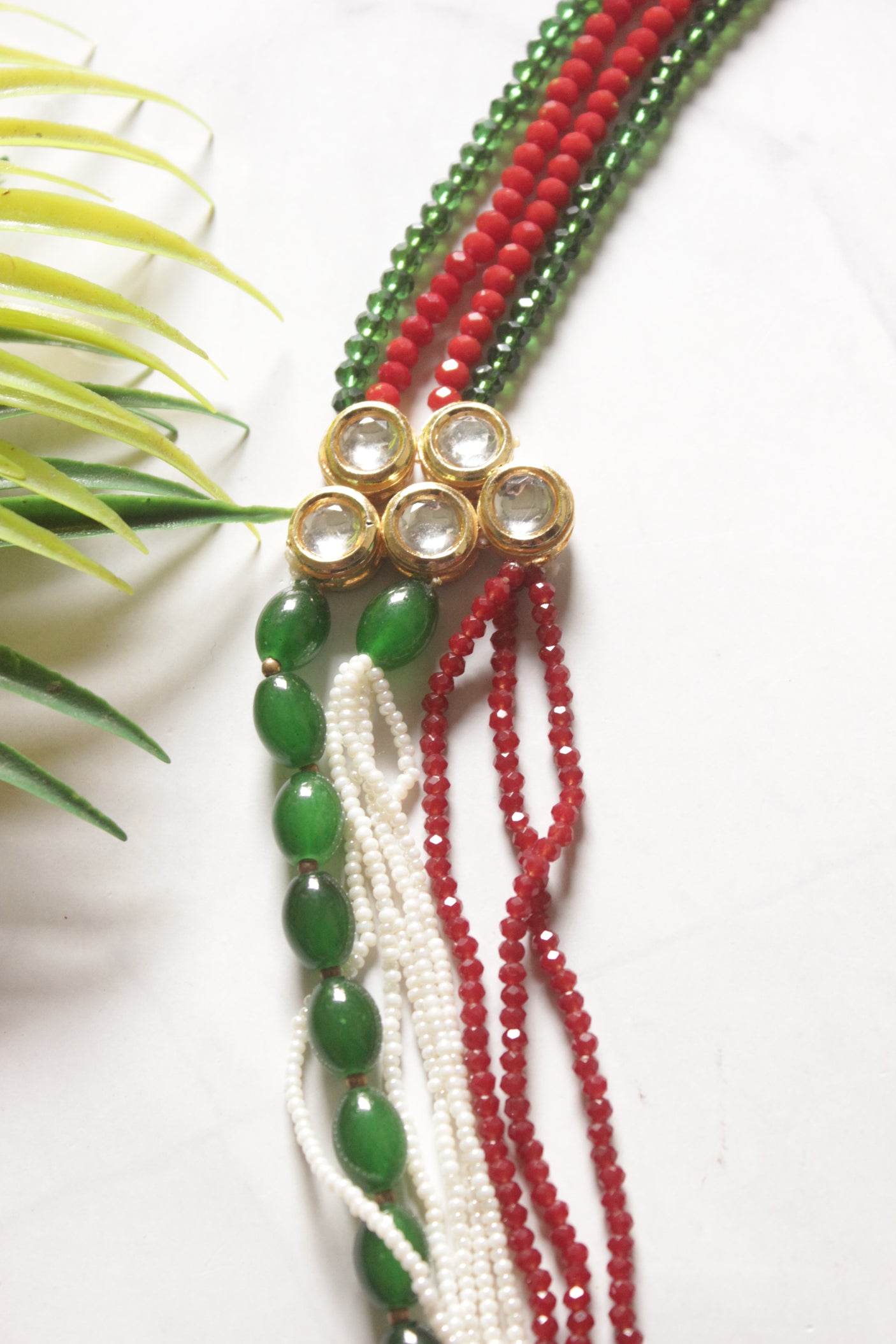 Red and Green Crystal Beads Kundan Embellished Long Necklace Set