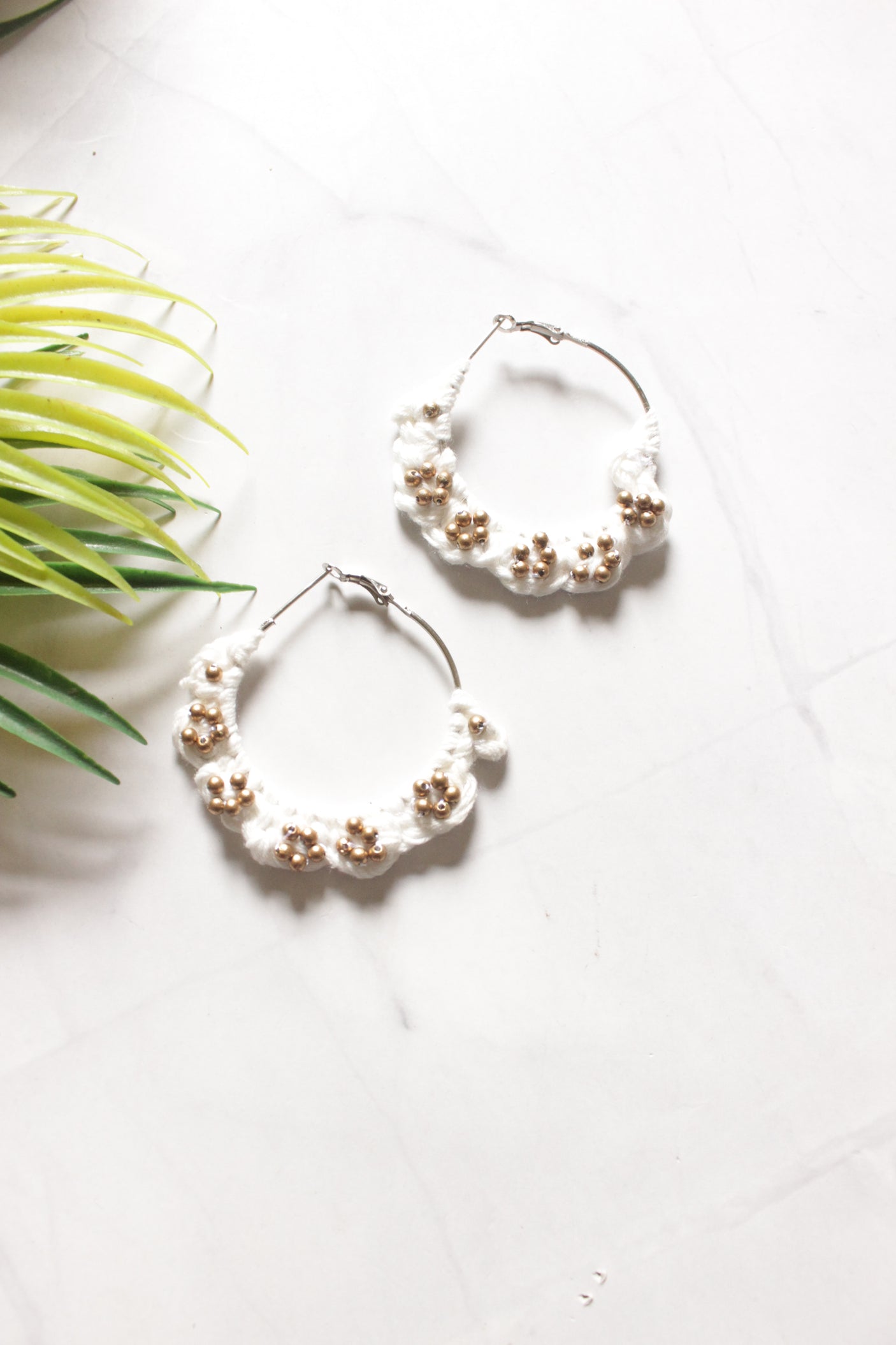 White Hand Woven Fabric Hoop Earrings