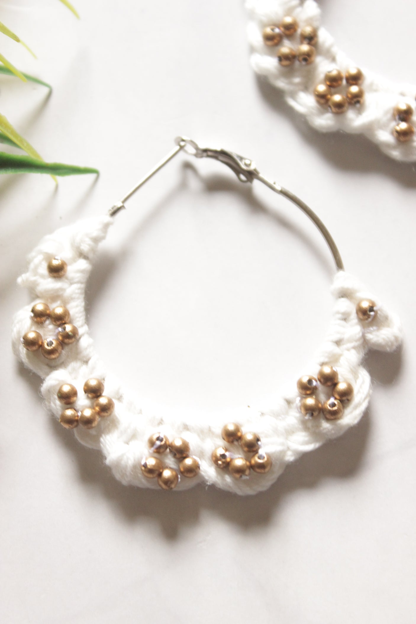 White Hand Woven Fabric Hoop Earrings