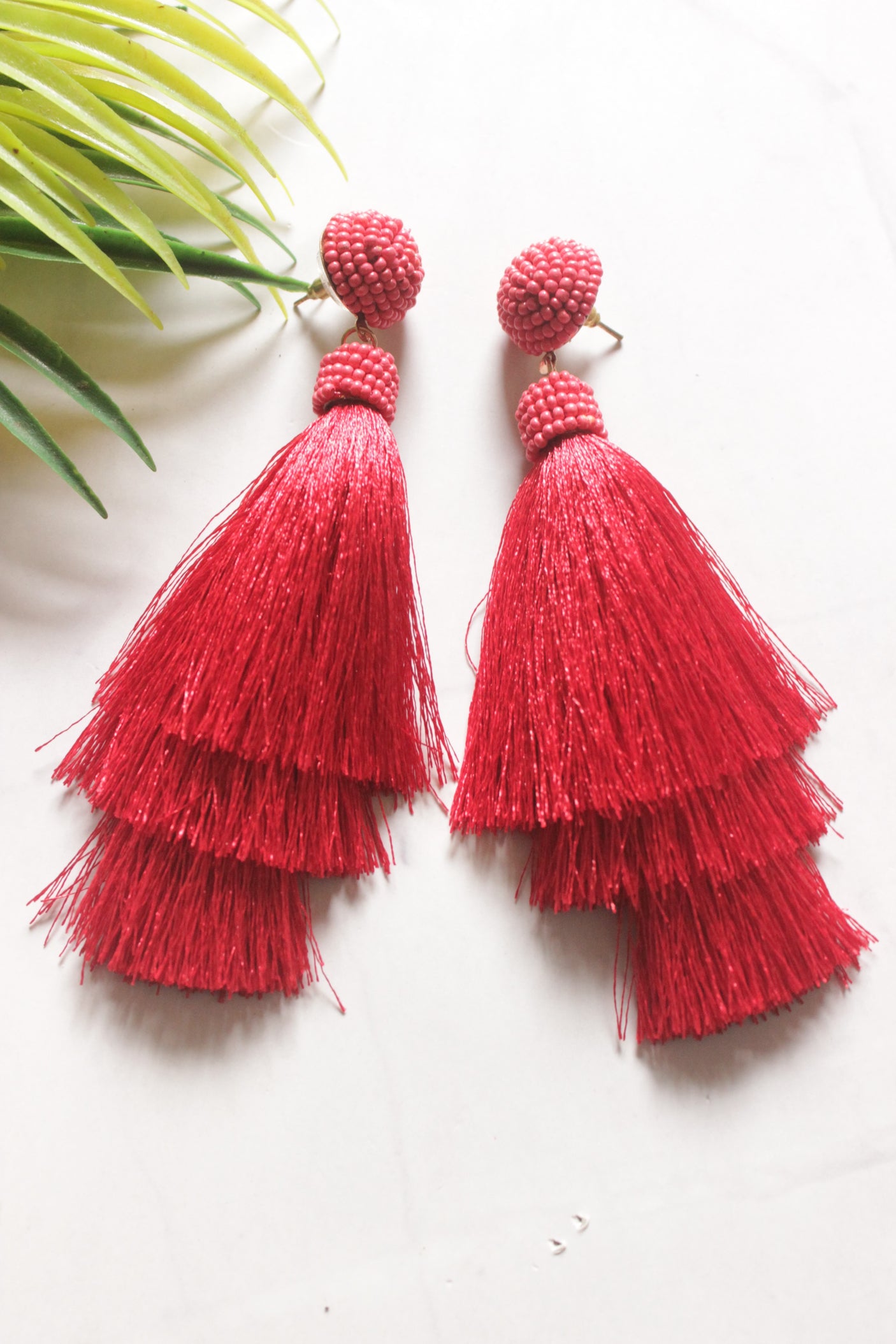 Red Beads and Pom Pom Boho Earrings