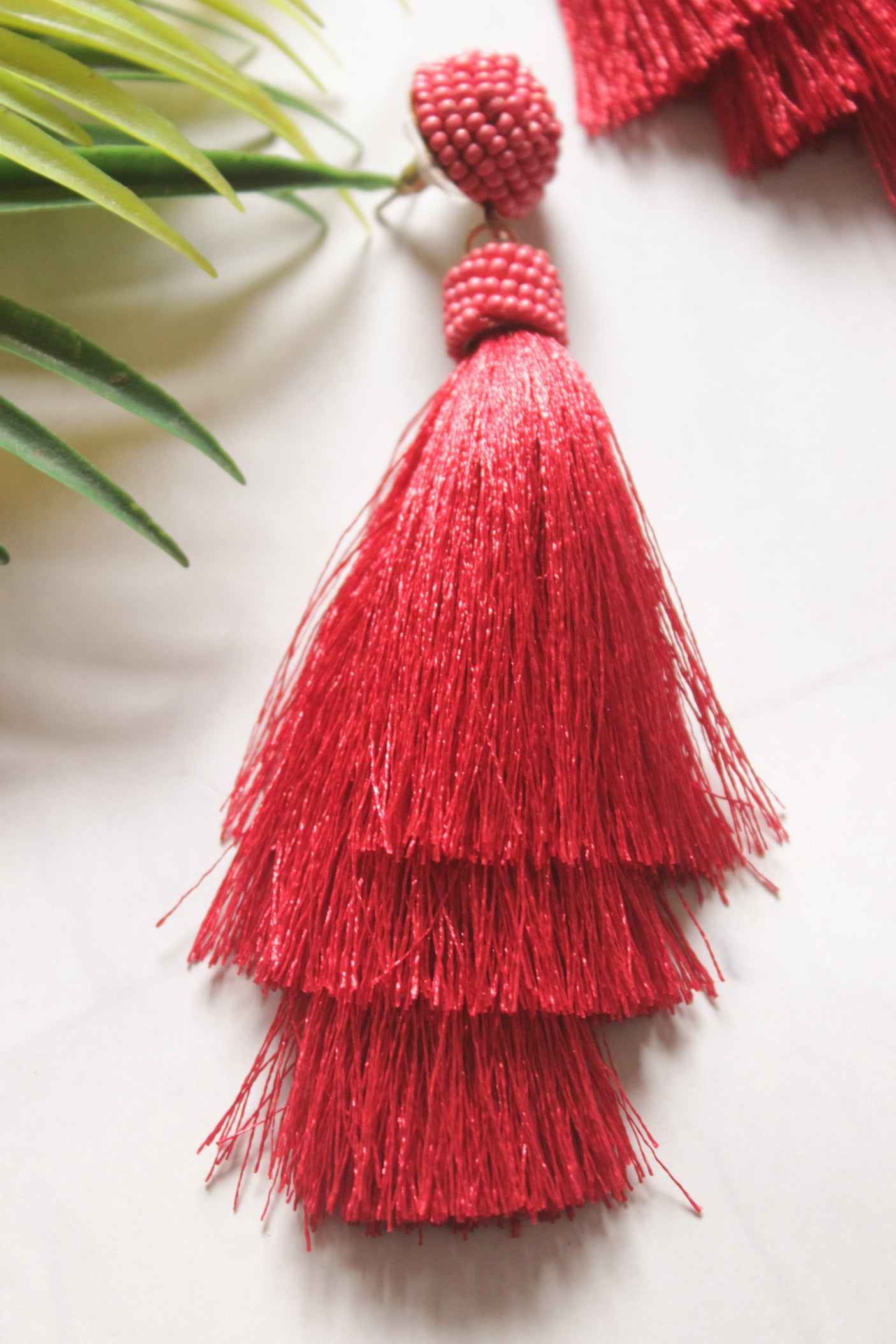Red Beads and Pom Pom Boho Earrings