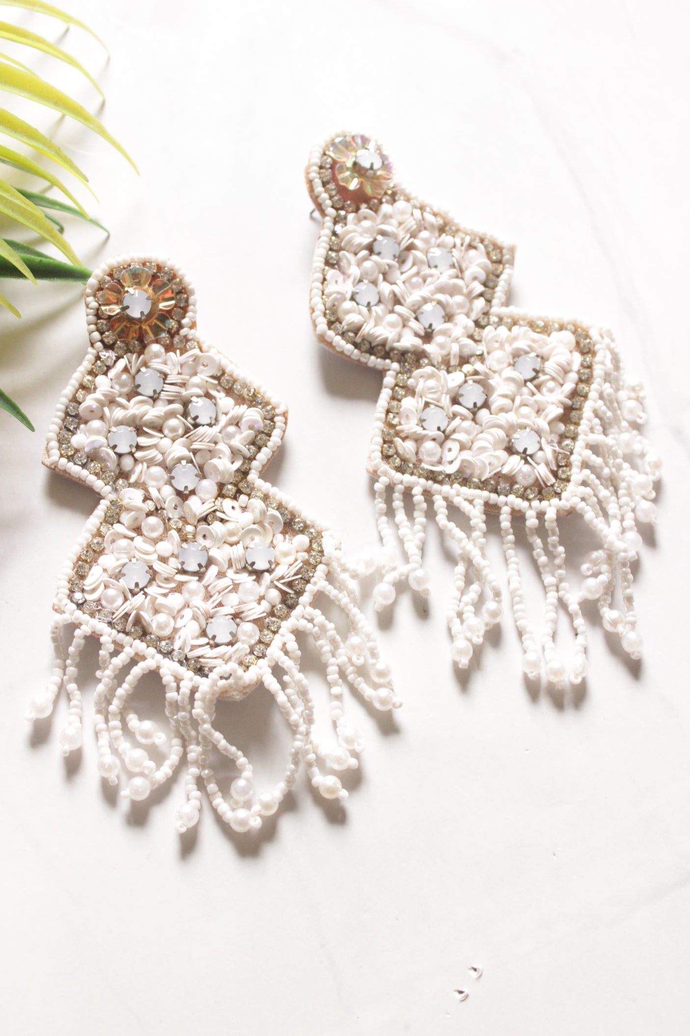 White Sequins and Beads Handmade Earrings
