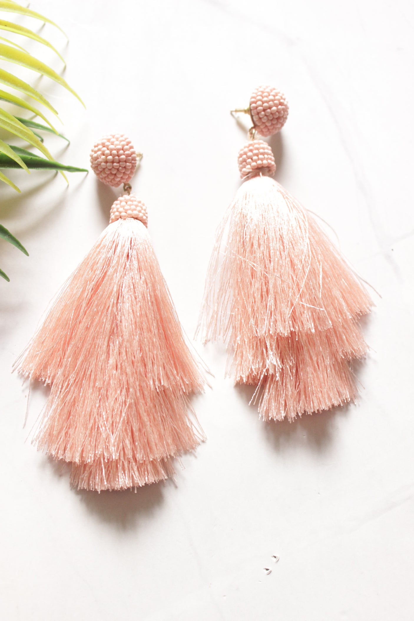 Peach Beads Pom Pom Boho Earrings