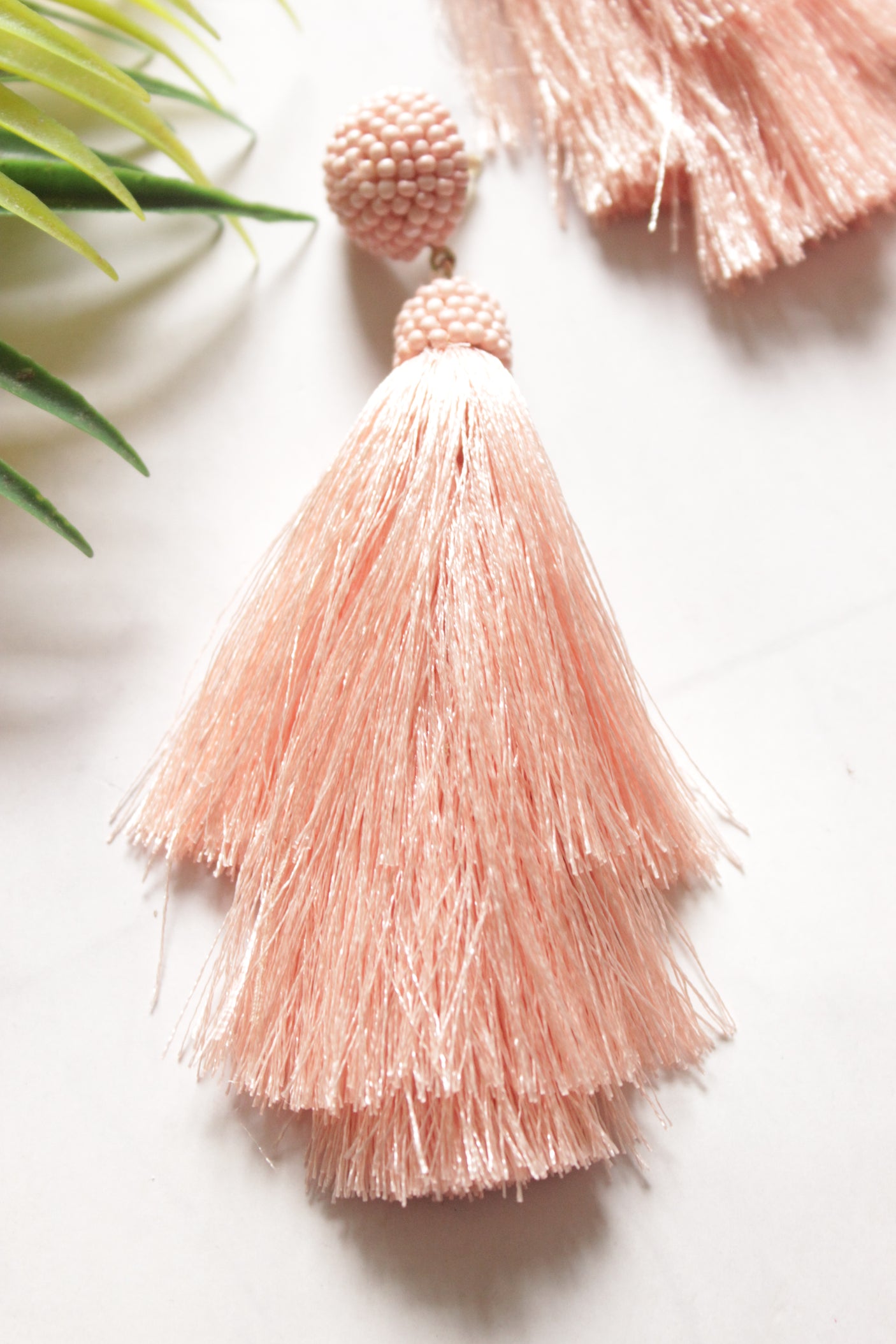 Peach Beads Pom Pom Boho Earrings