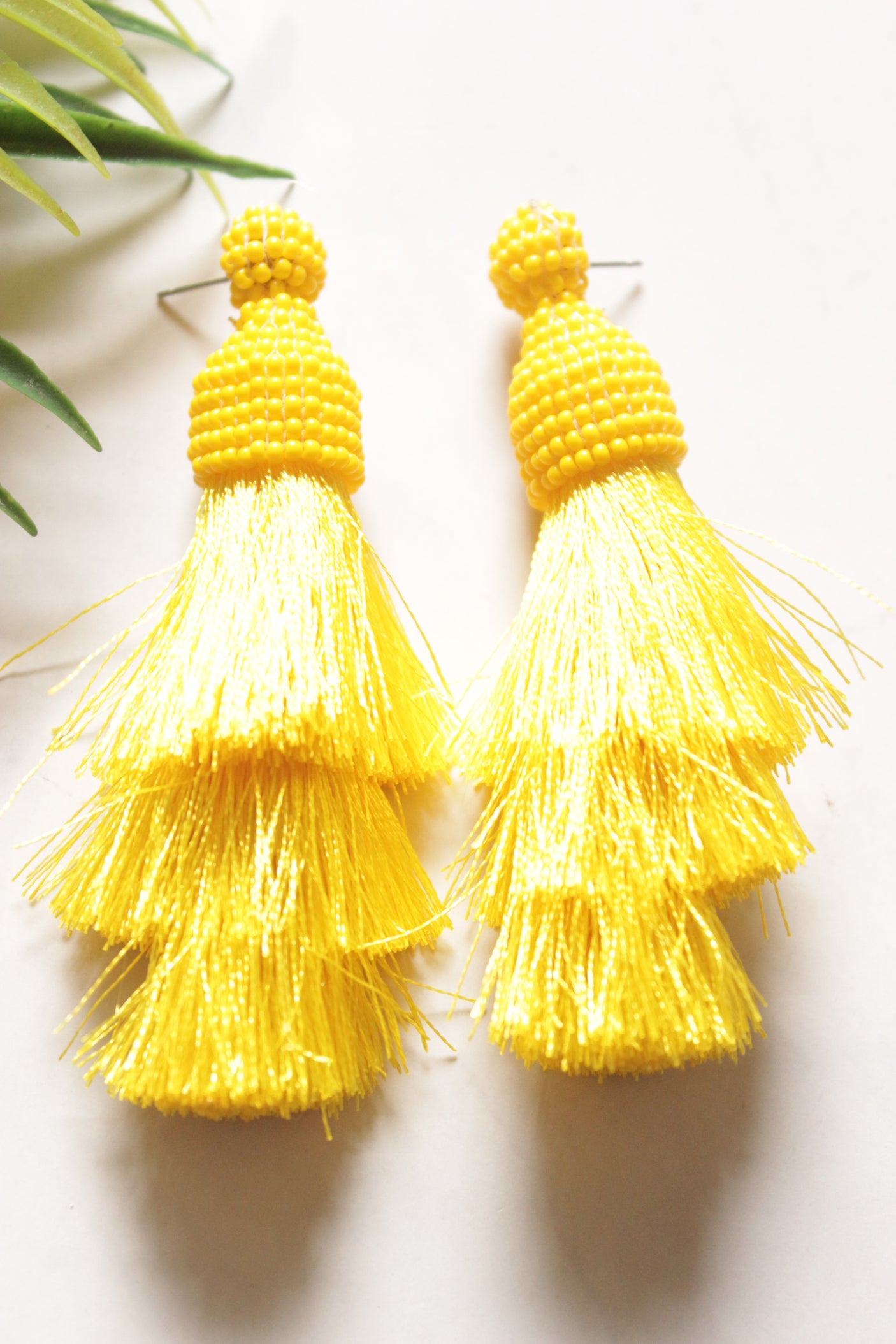 Yellow Beads Pom Pom Boho Earrings