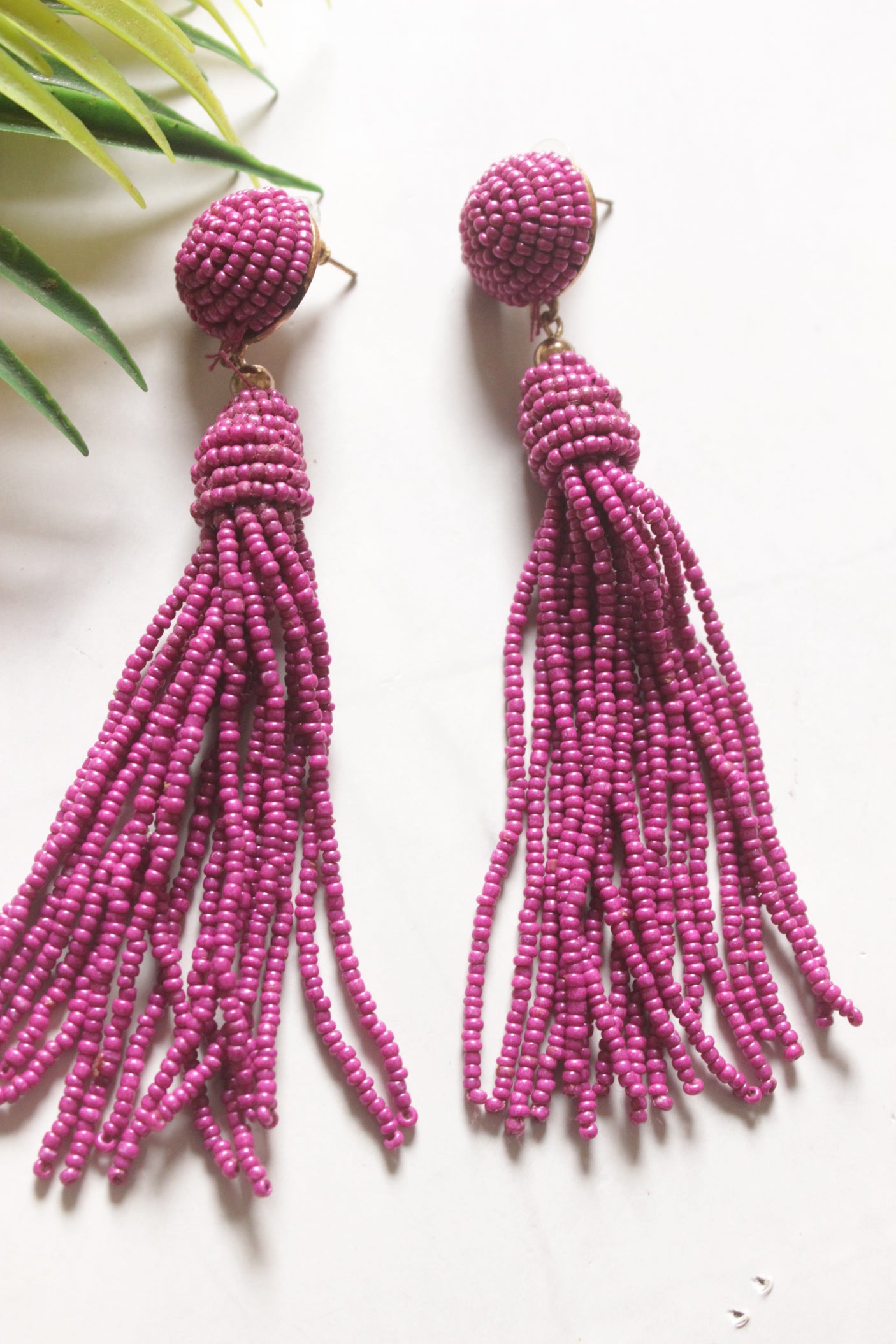 Purple Beaded Long Dangler Earrings