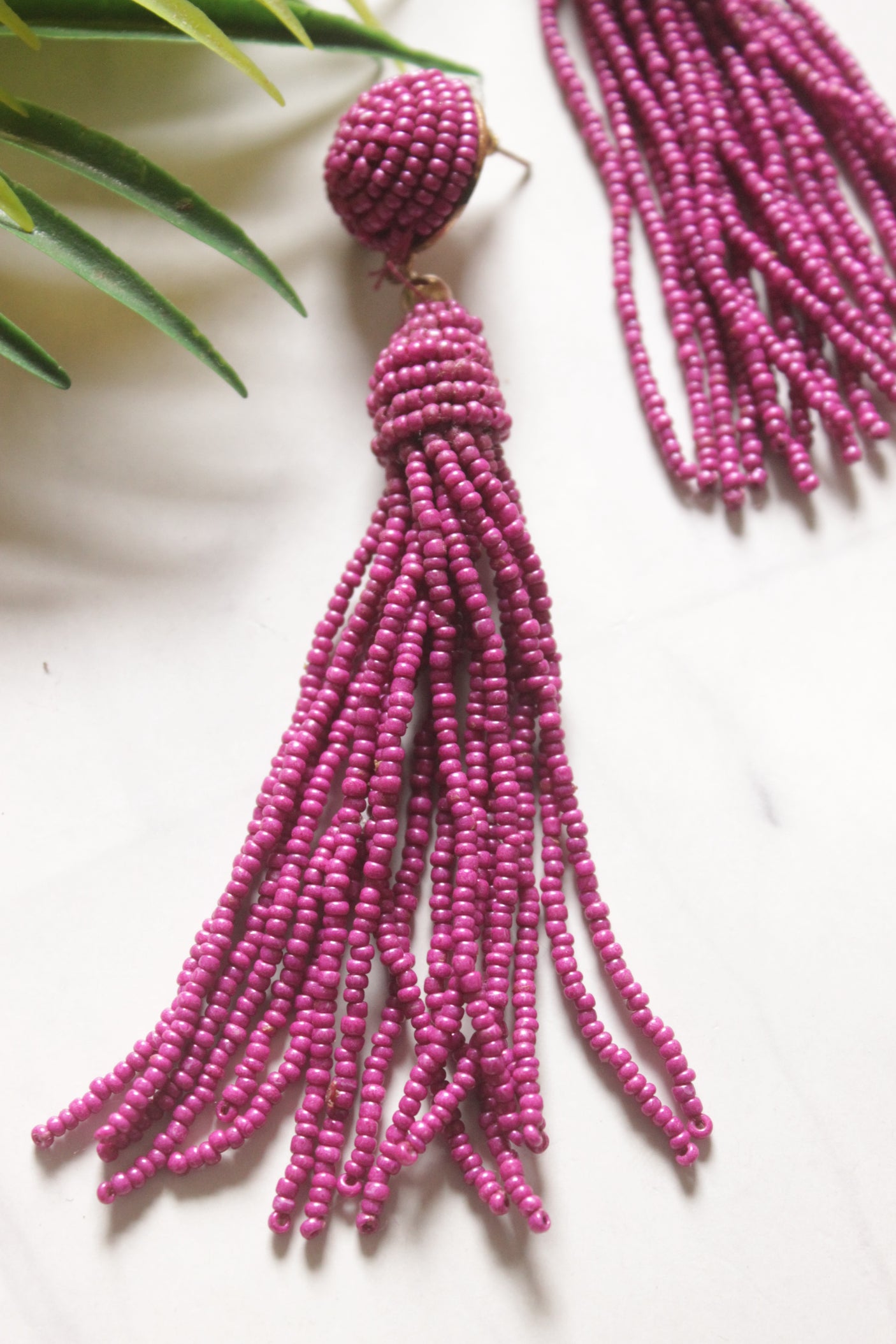 Purple Beaded Long Dangler Earrings