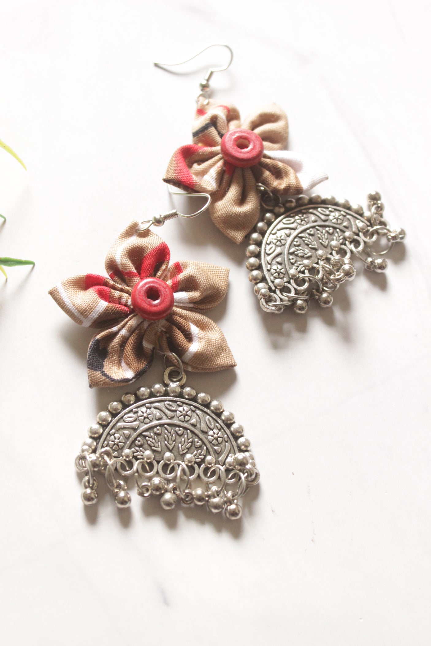 Fabric Handmade Flower and Oxidised Finish Metal Dangler Earrings