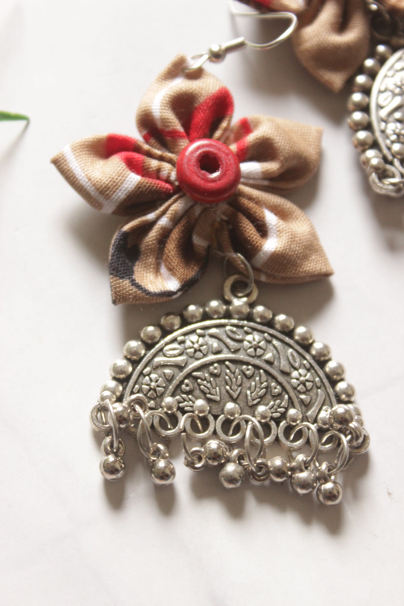 Fabric Handmade Flower and Oxidised Finish Metal Dangler Earrings
