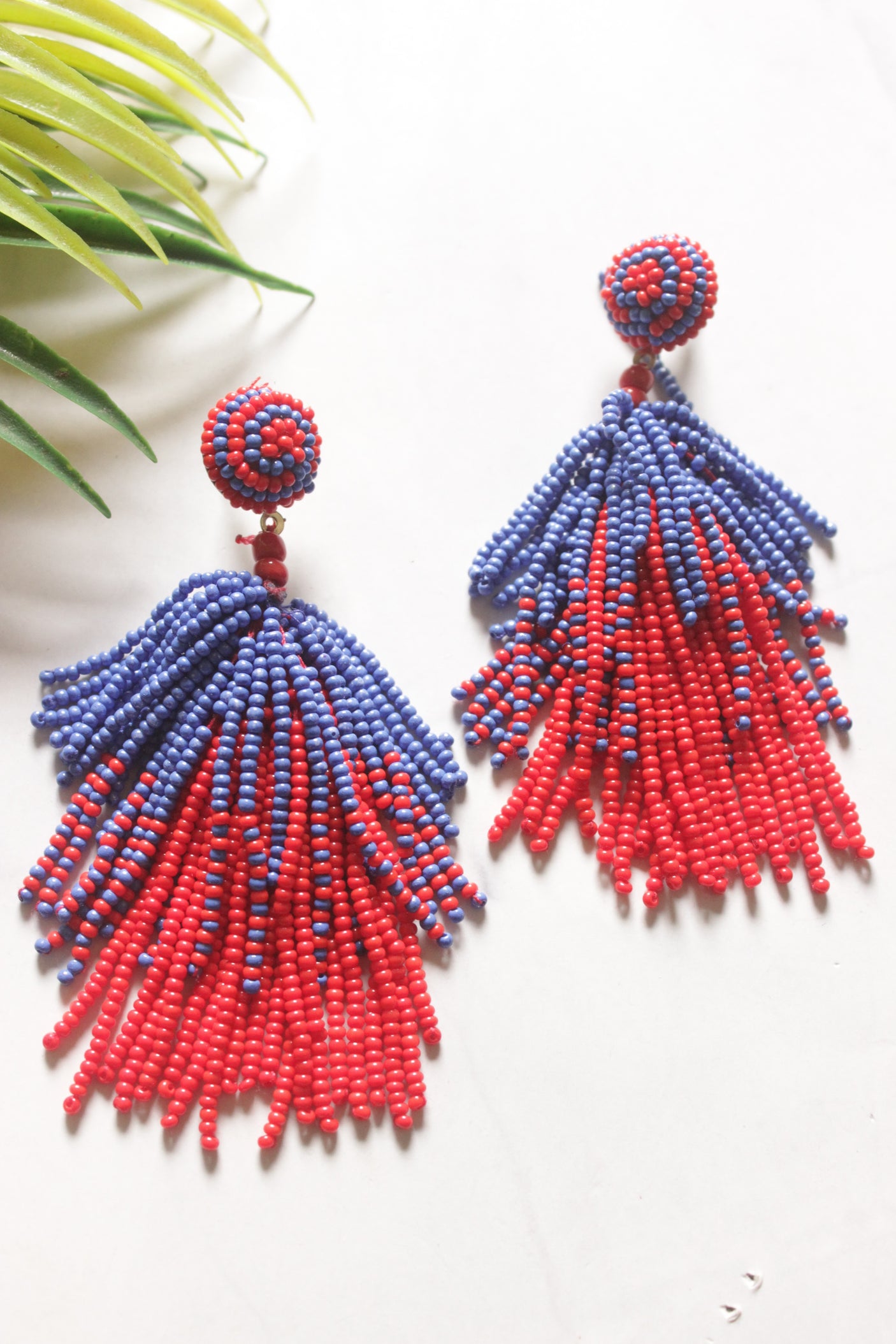 Blue and Red Hand Beaded Dangler Earrings