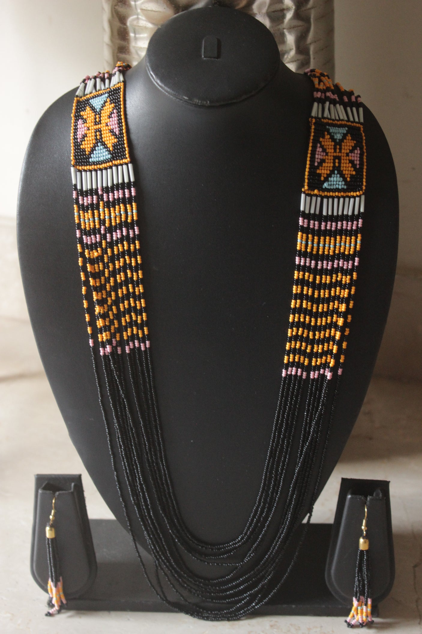 Black and Yellow Hand Beaded Long Necklace Set