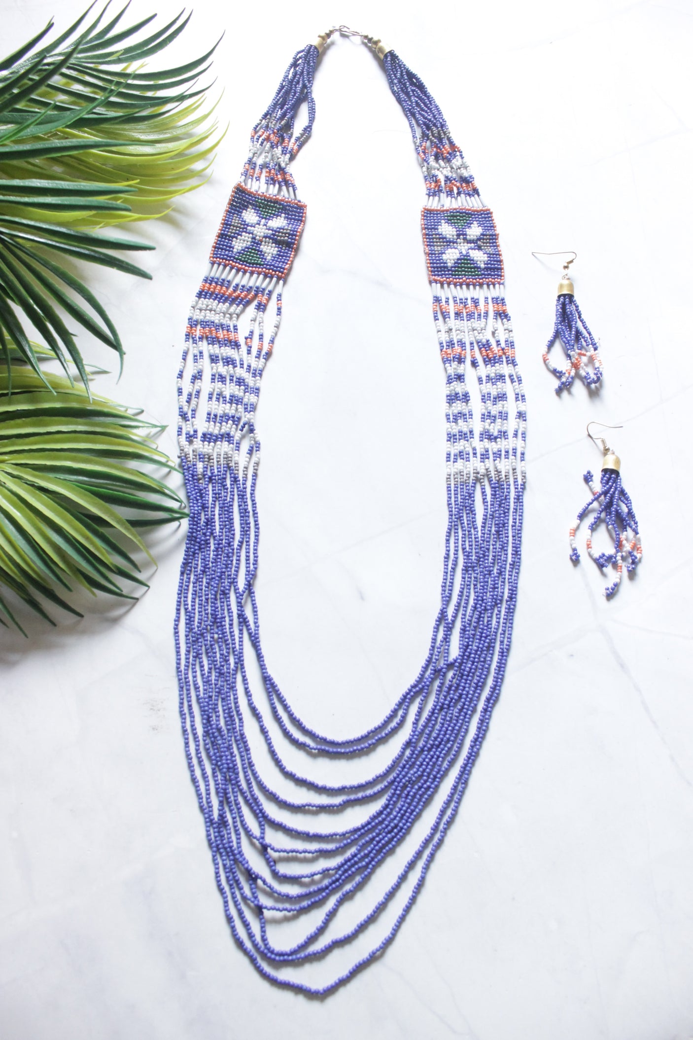 Purple Hand Beaded Long Necklace Set