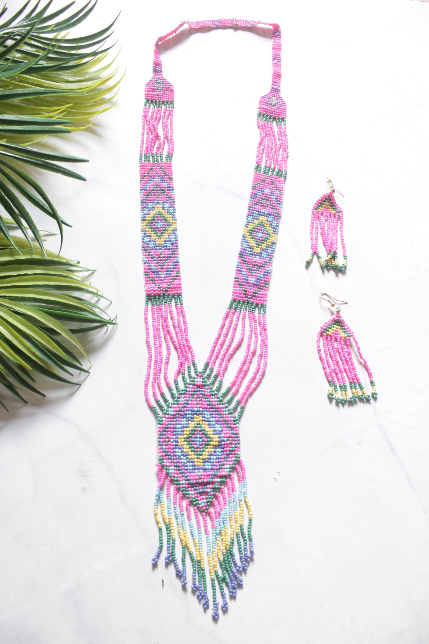 Pink Hand Beaded Long Necklace Set