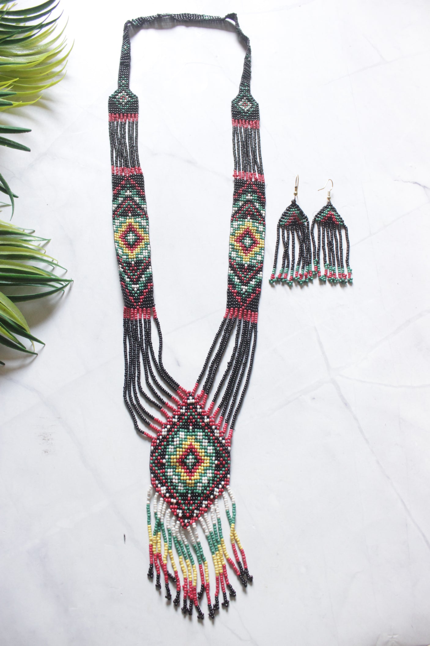 Black & Multi-Color Hand Beaded Long Necklace Set