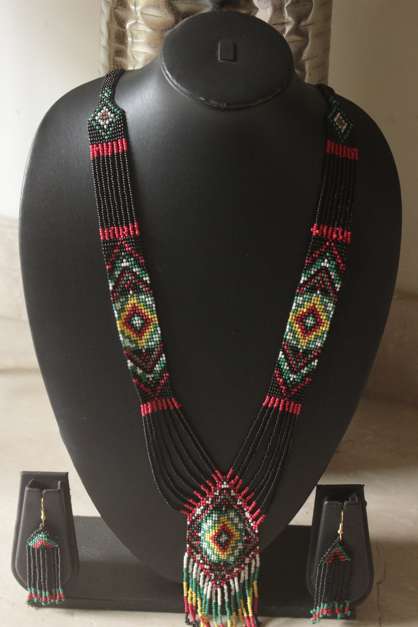 Black & Multi-Color Hand Beaded Long Necklace Set