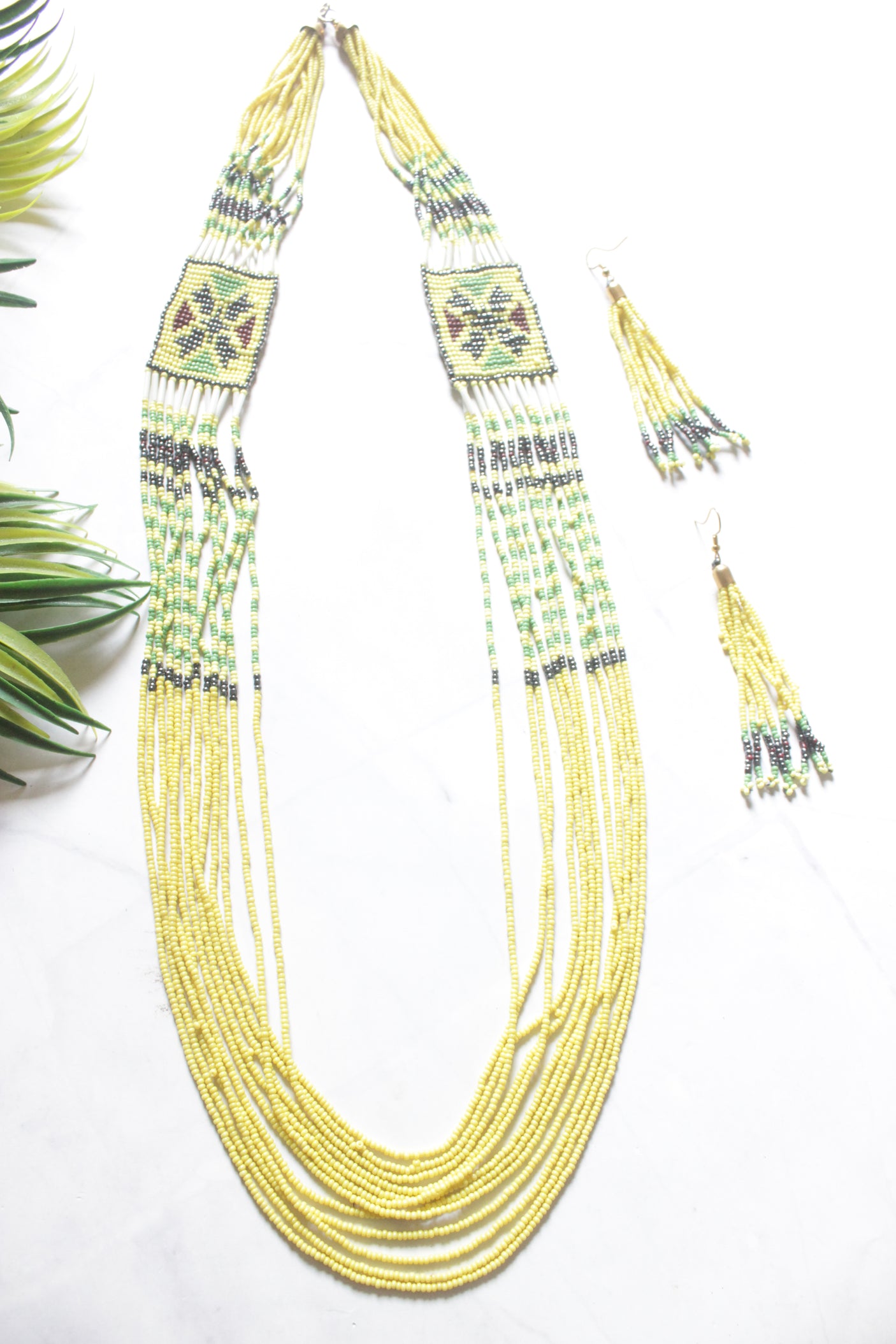 Lemon Yellow Hand Beaded Long Necklace Set