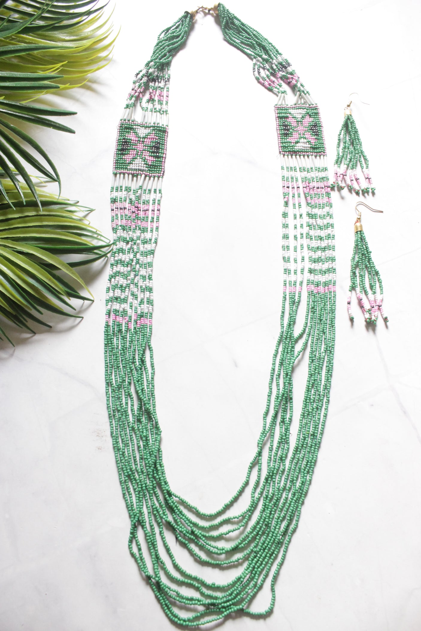 Green Hand Beaded Long Necklace Set