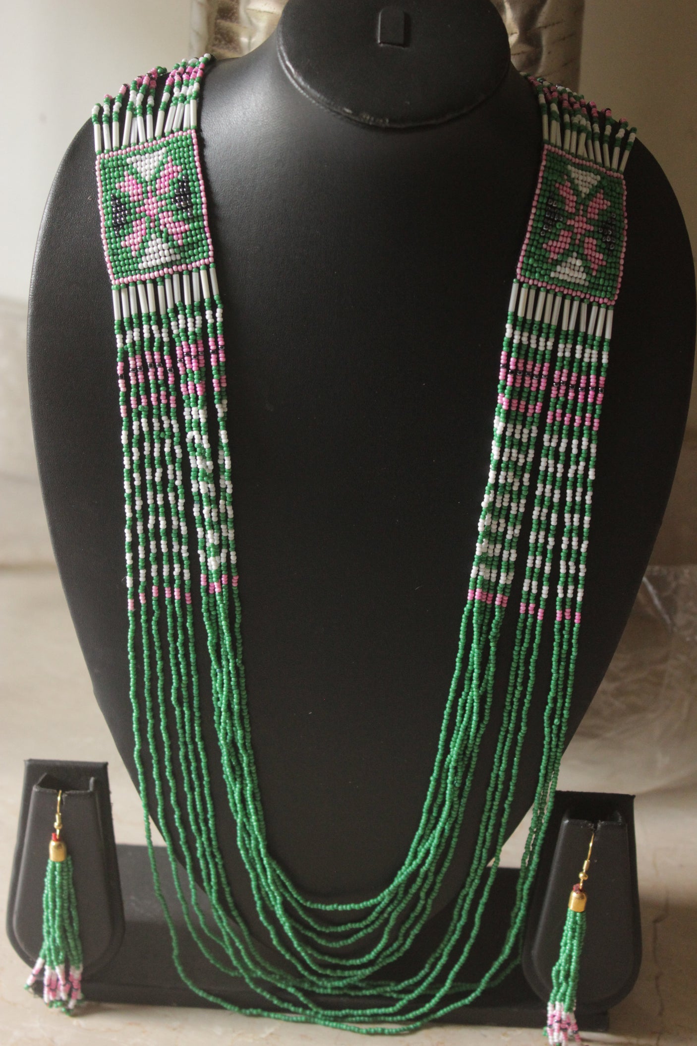 Green Hand Beaded Long Necklace Set
