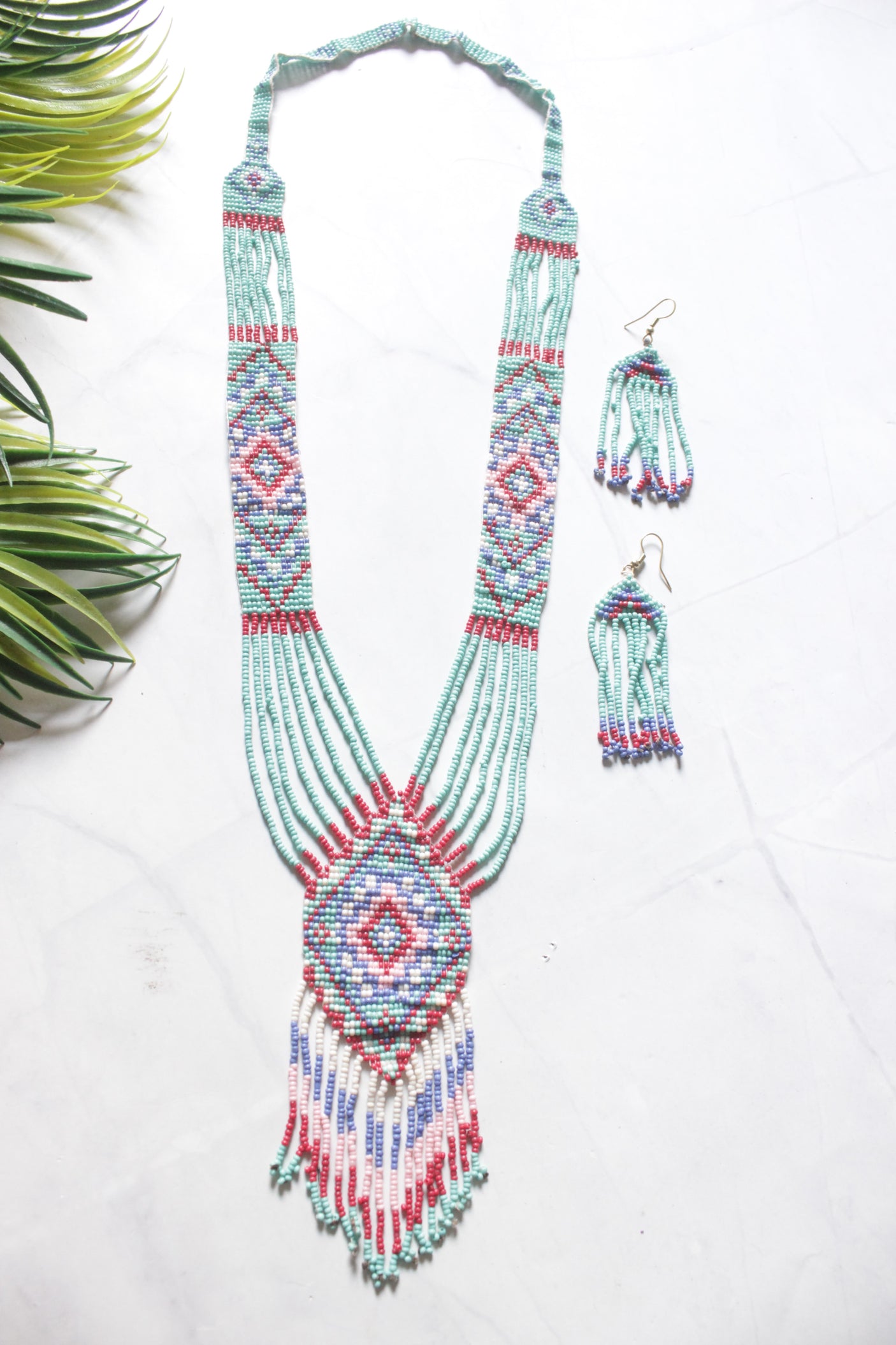 Blue & Multi-Color Hand Beaded Long Necklace Set