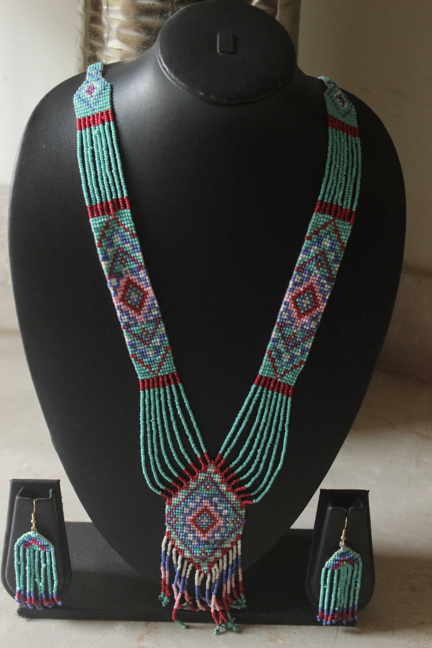 Blue & Multi-Color Hand Beaded Long Necklace Set