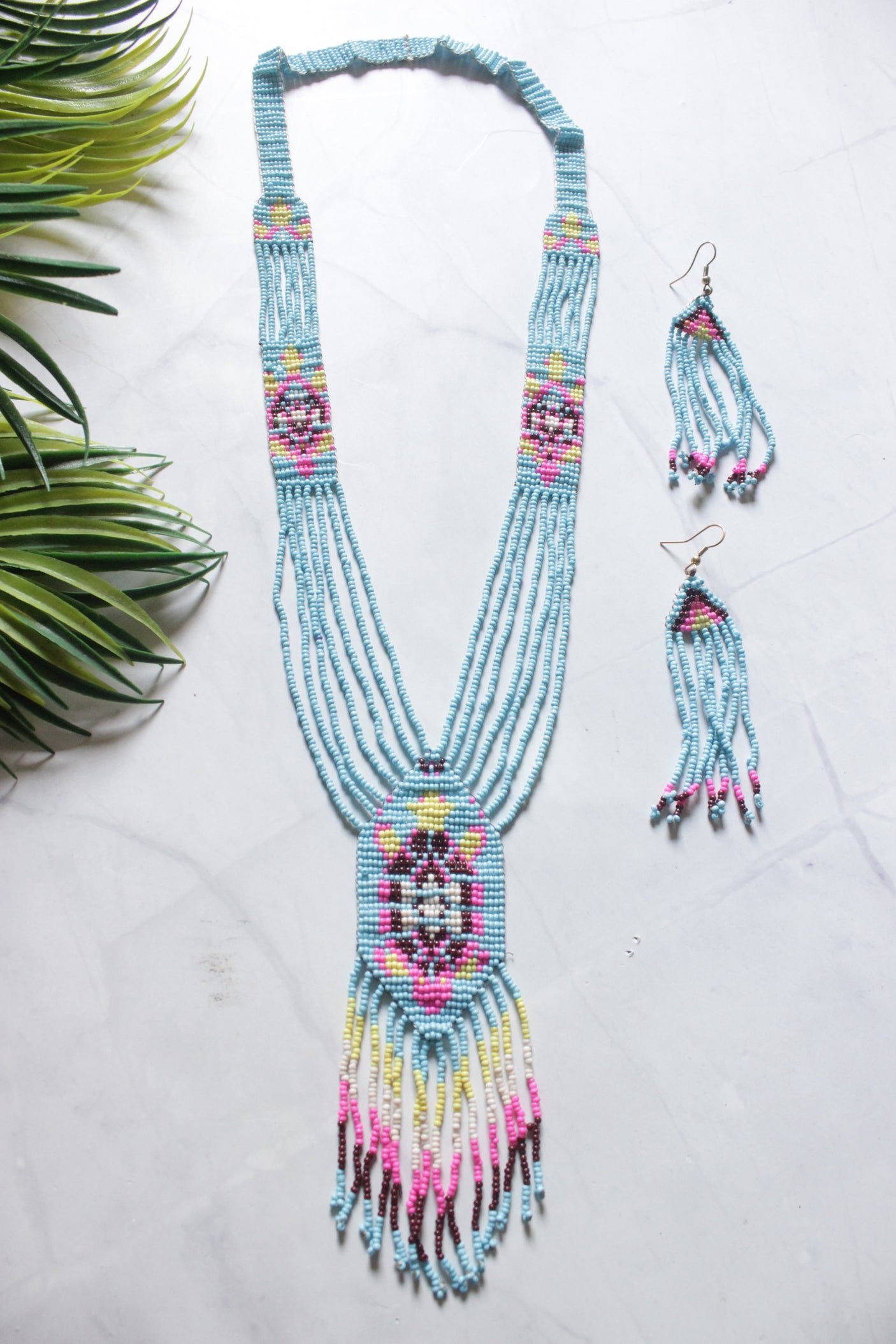 Sky Blue & Multi-Color Hand Beaded Long Necklace Set
