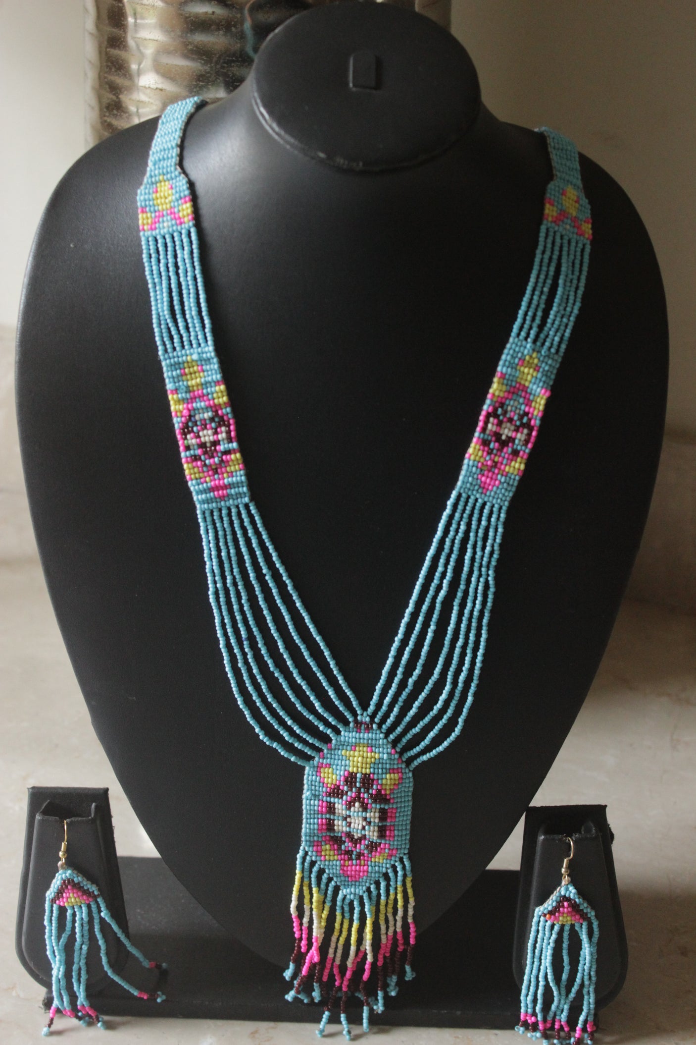 Sky Blue & Multi-Color Hand Beaded Long Necklace Set