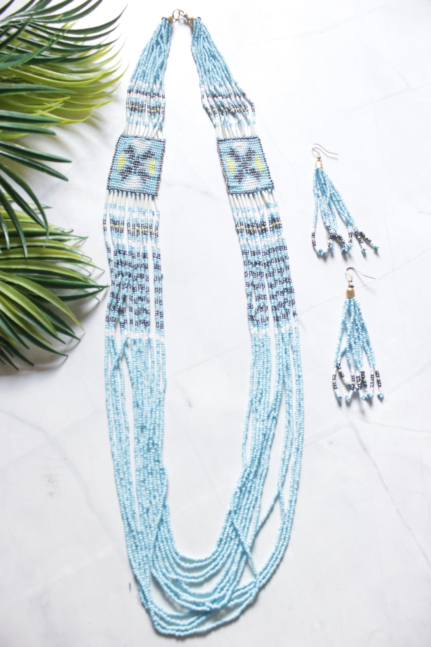 Sky Blue Hand Beaded Long Necklace Set