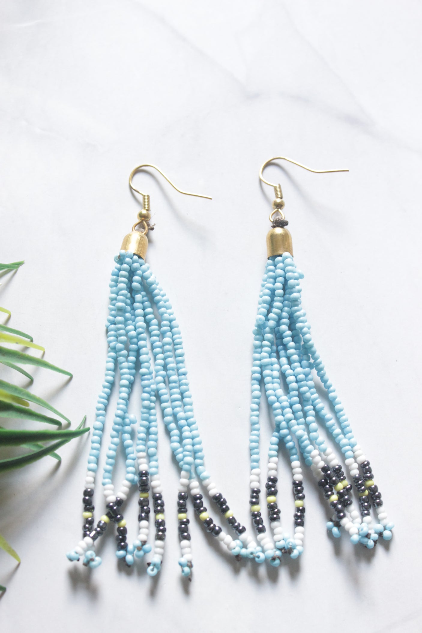 Sky Blue Hand Beaded Long Necklace Set