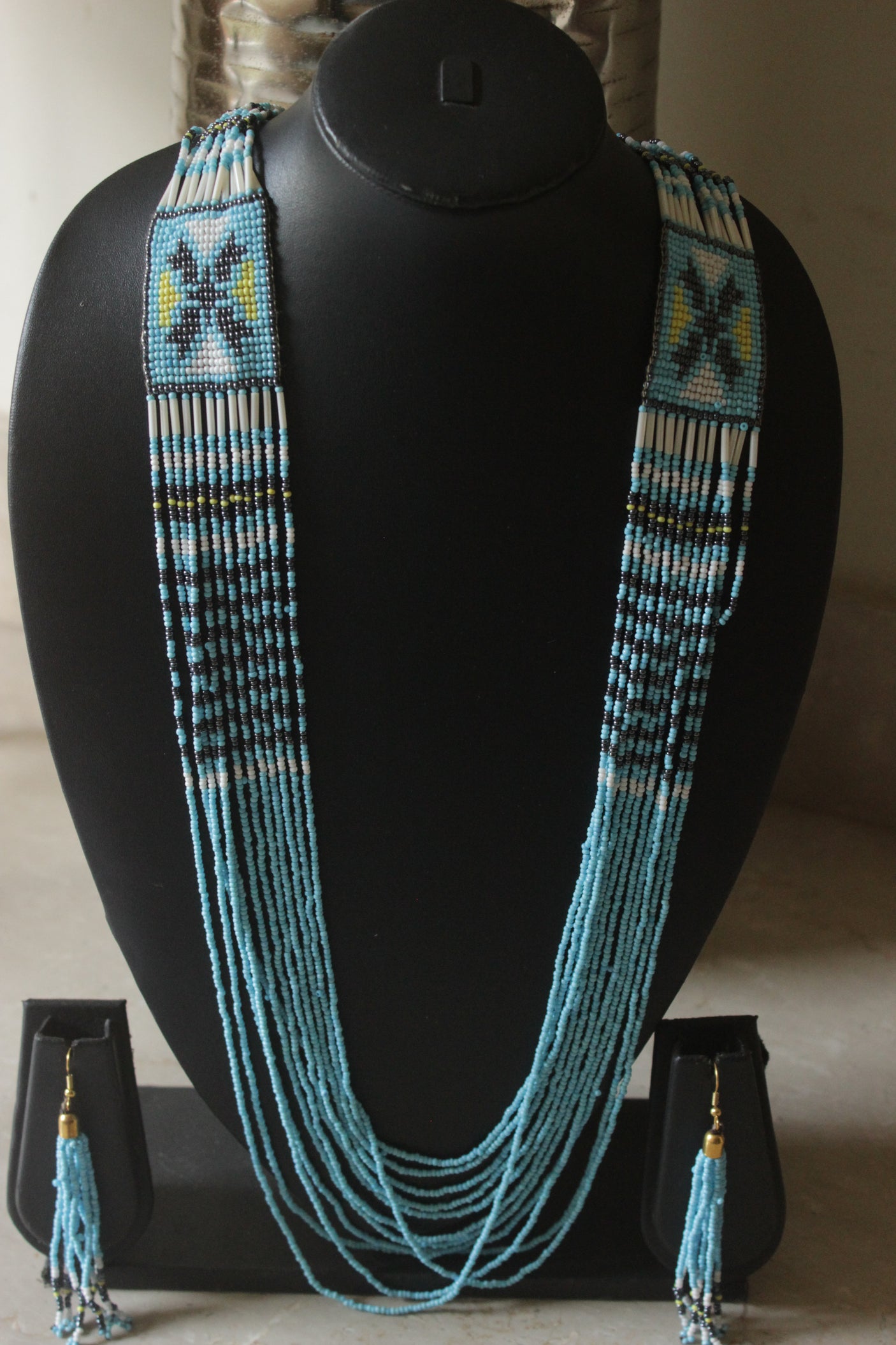 Sky Blue Hand Beaded Long Necklace Set