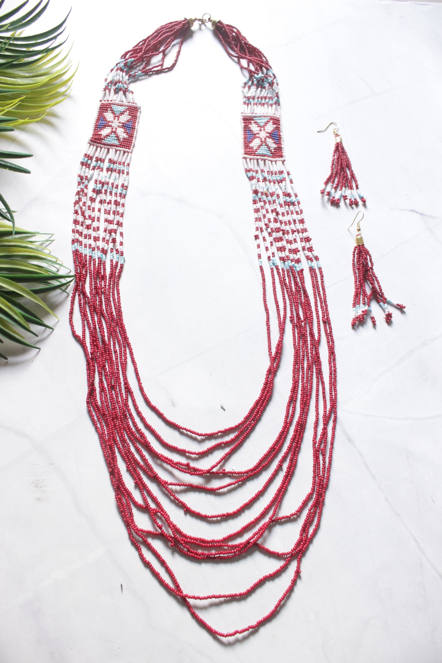 Red Hand Beaded Long Necklace Set