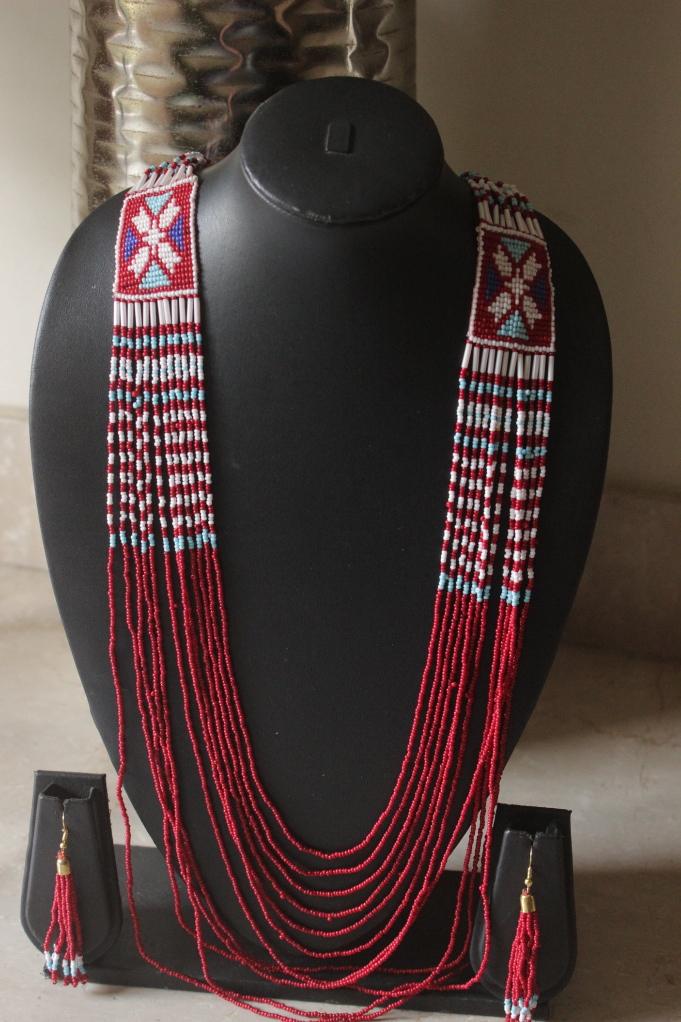 Red Hand Beaded Long Necklace Set
