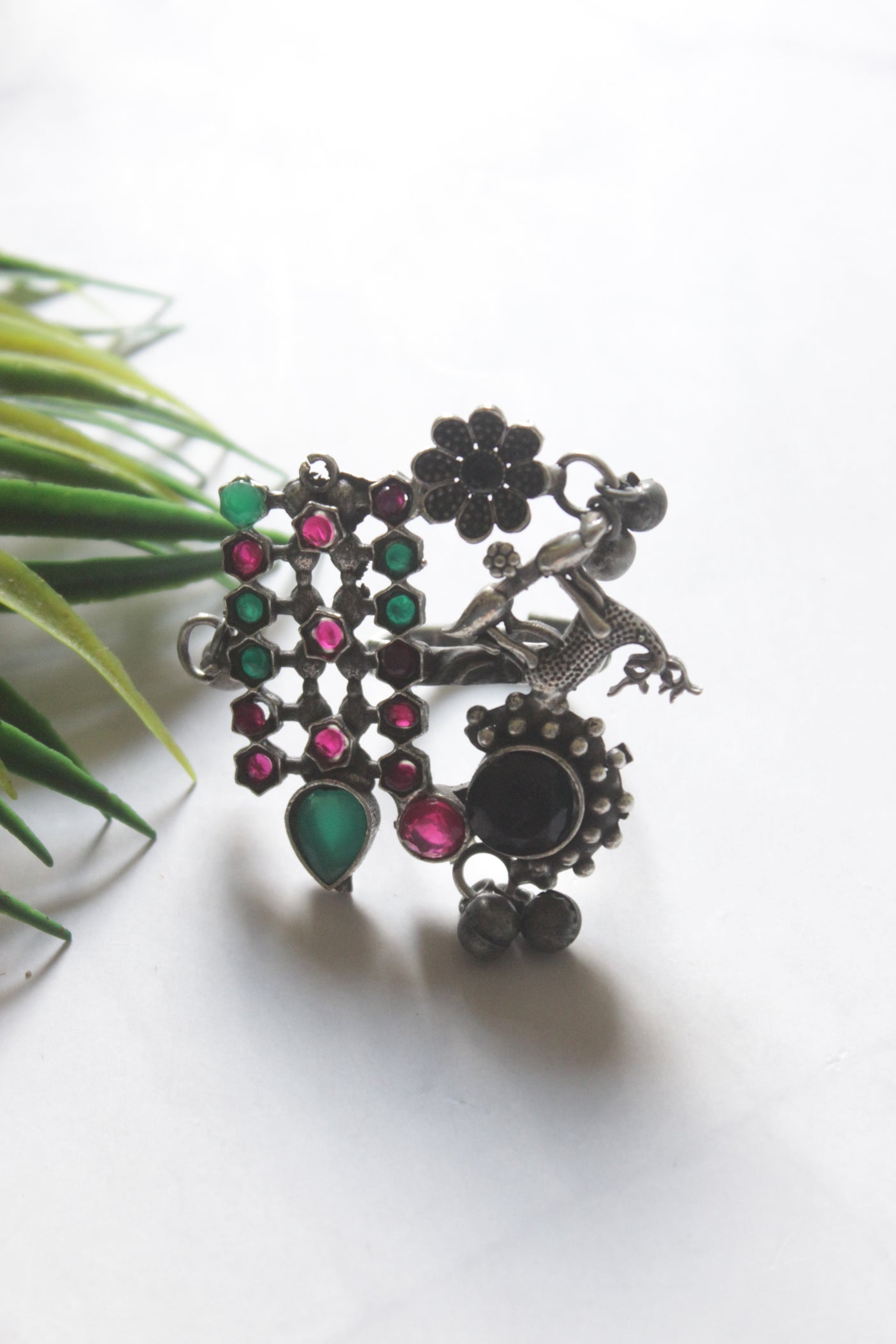 Tribal Oxidized Silver Statement Ring with Multicolor Stones