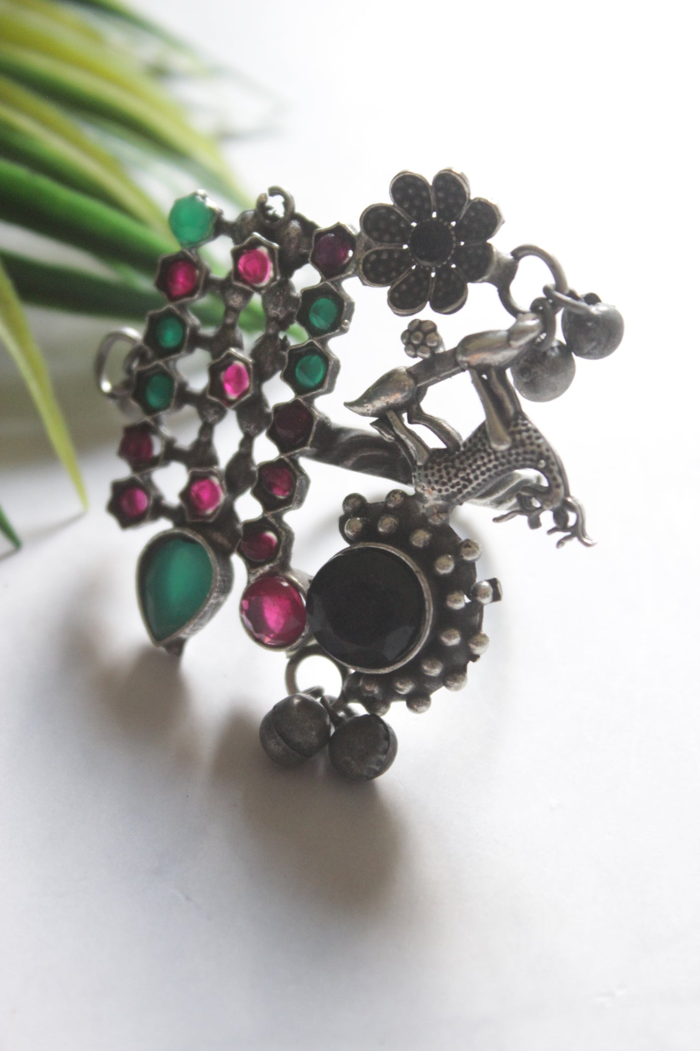 Tribal Oxidized Silver Statement Ring with Multicolor Stones