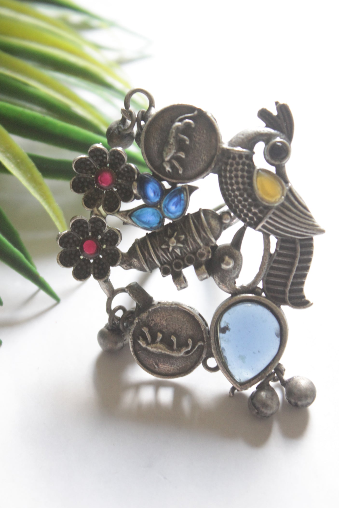 Tribal Oxidized Silver Statement Ring with Multicolor Stones