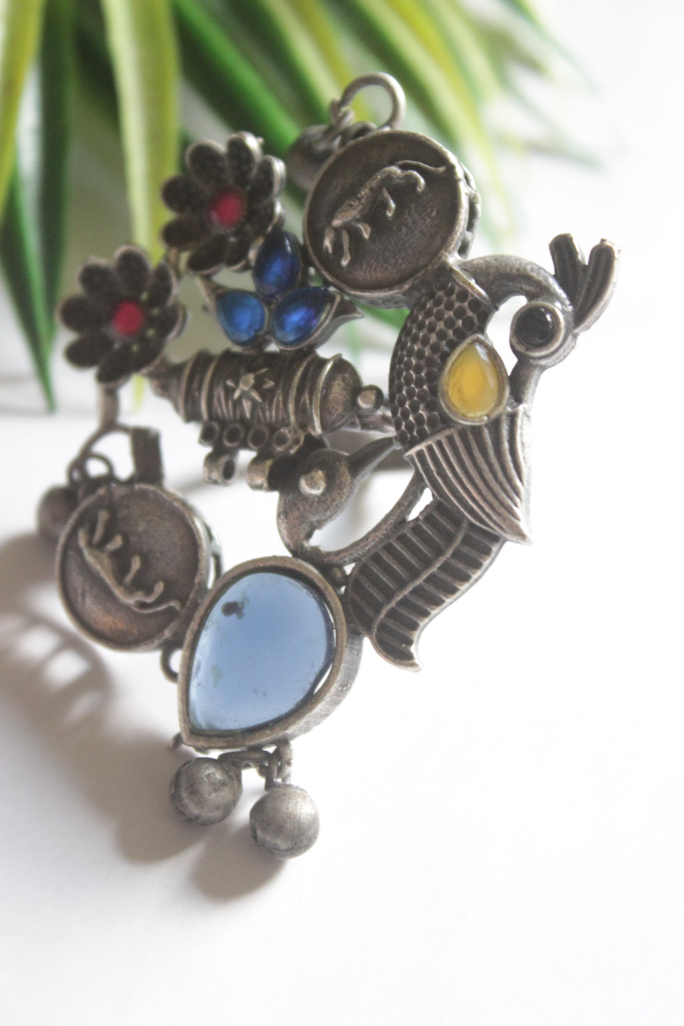 Tribal Oxidized Silver Statement Ring with Multicolor Stones