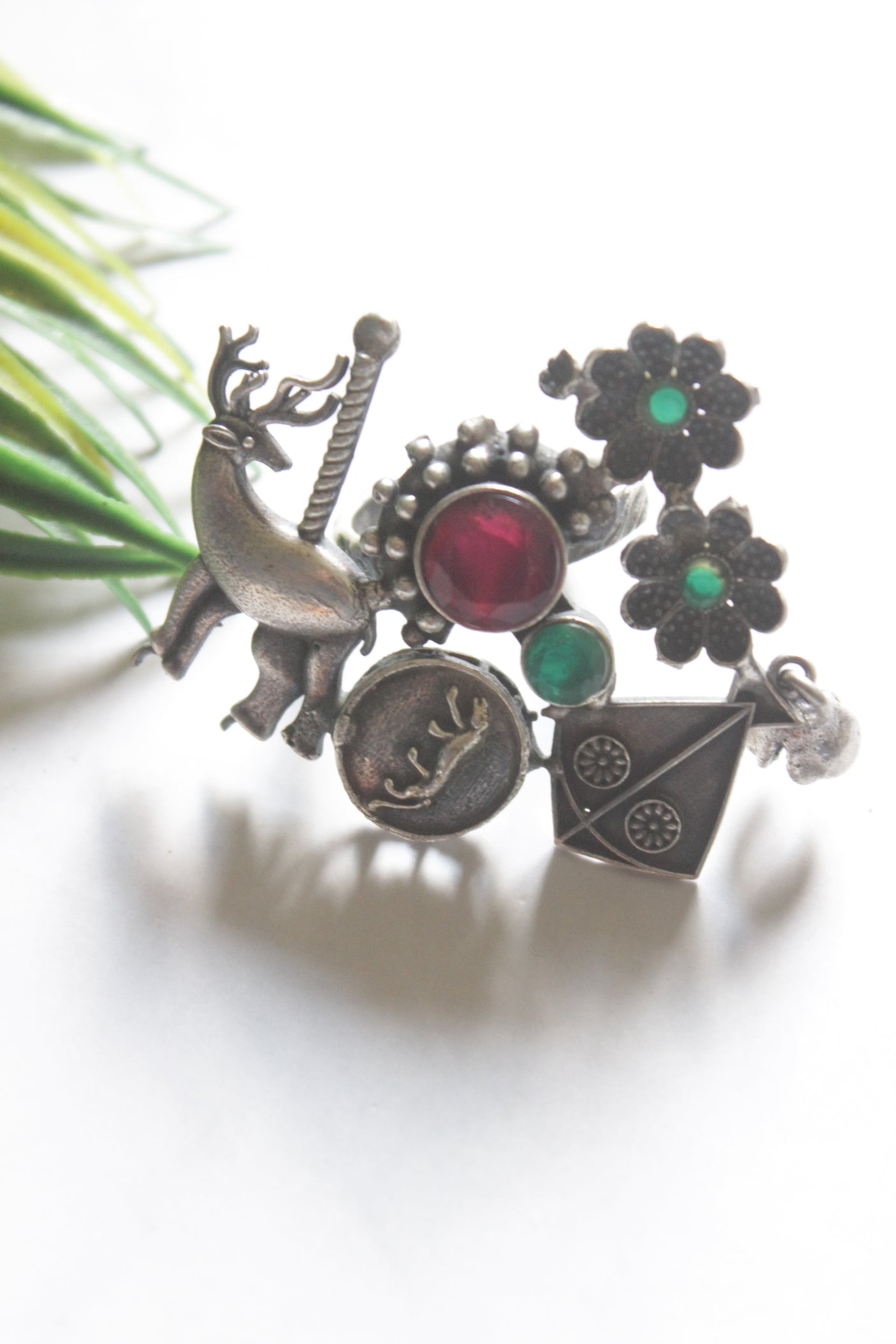 Tribal Oxidized Silver Statement Ring with Multicolor Stones