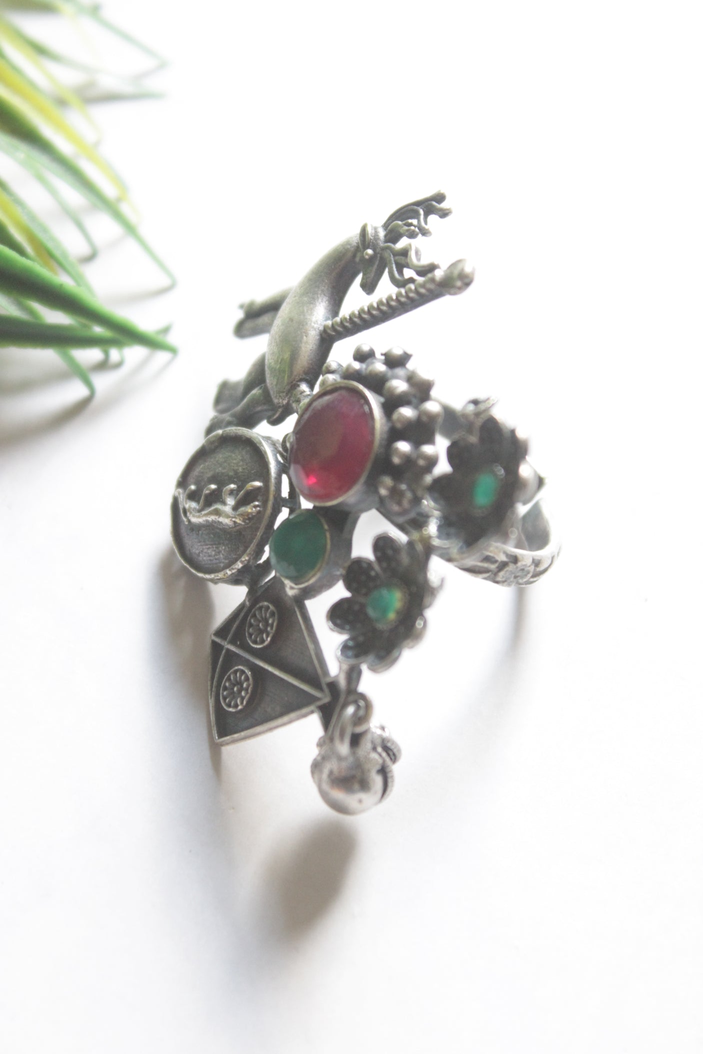 Tribal Oxidized Silver Statement Ring with Multicolor Stones