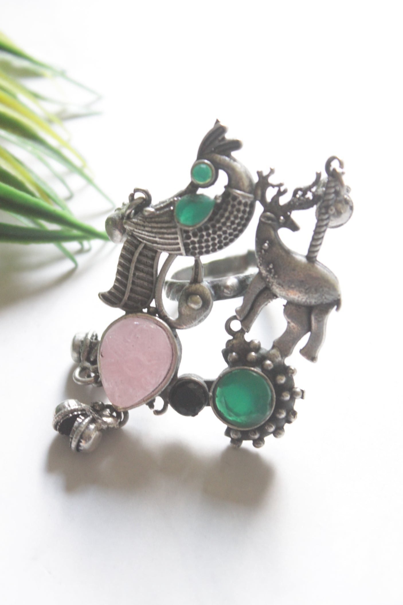Tribal Oxidized Silver Statement Ring with Multicolor Stones