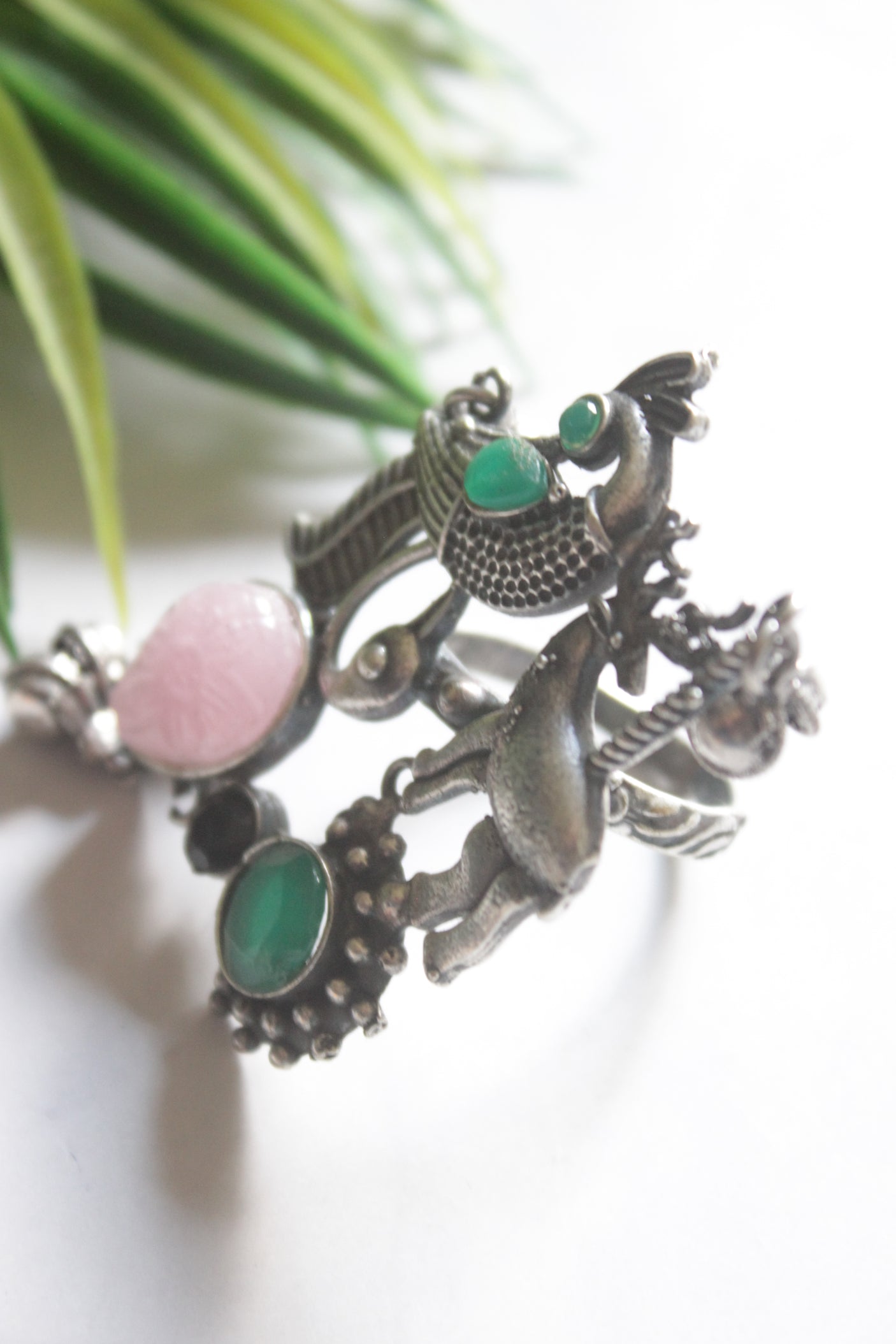 Tribal Oxidized Silver Statement Ring with Multicolor Stones