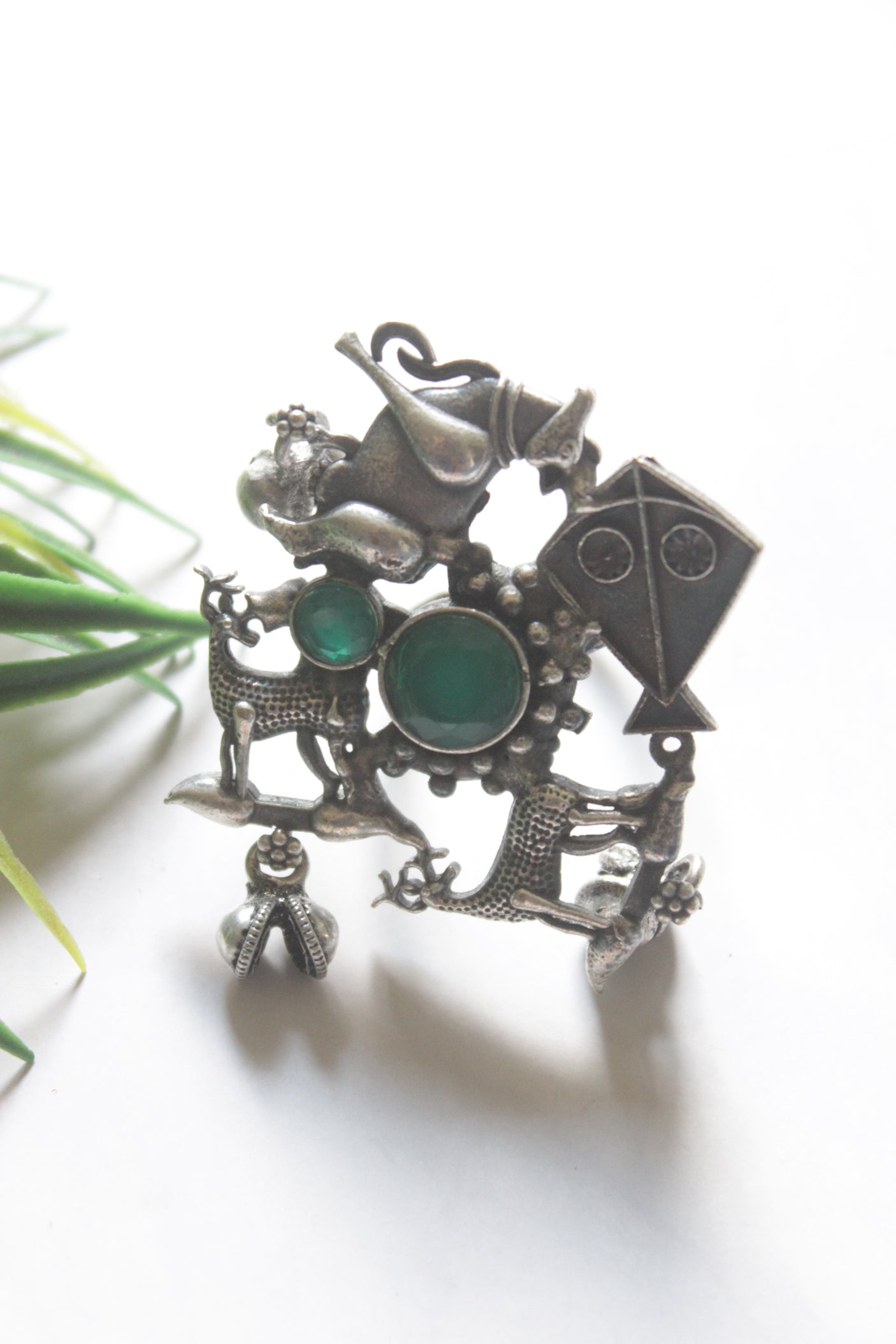 Tribal Oxidized Silver Statement Ring with Multicolor Stones