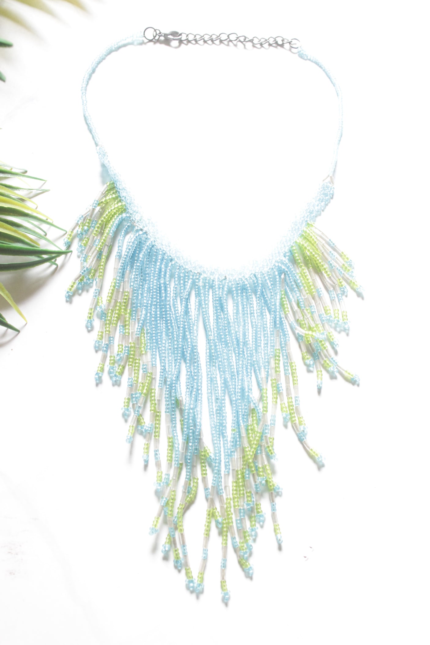 Blue and Green Mini Hand Beaded Boho Necklace