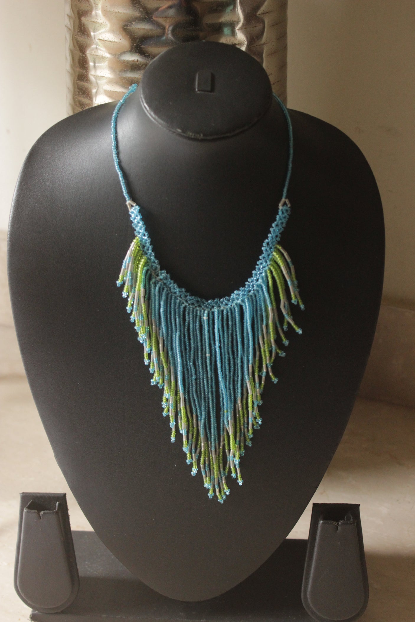 Blue and Green Mini Hand Beaded Boho Necklace