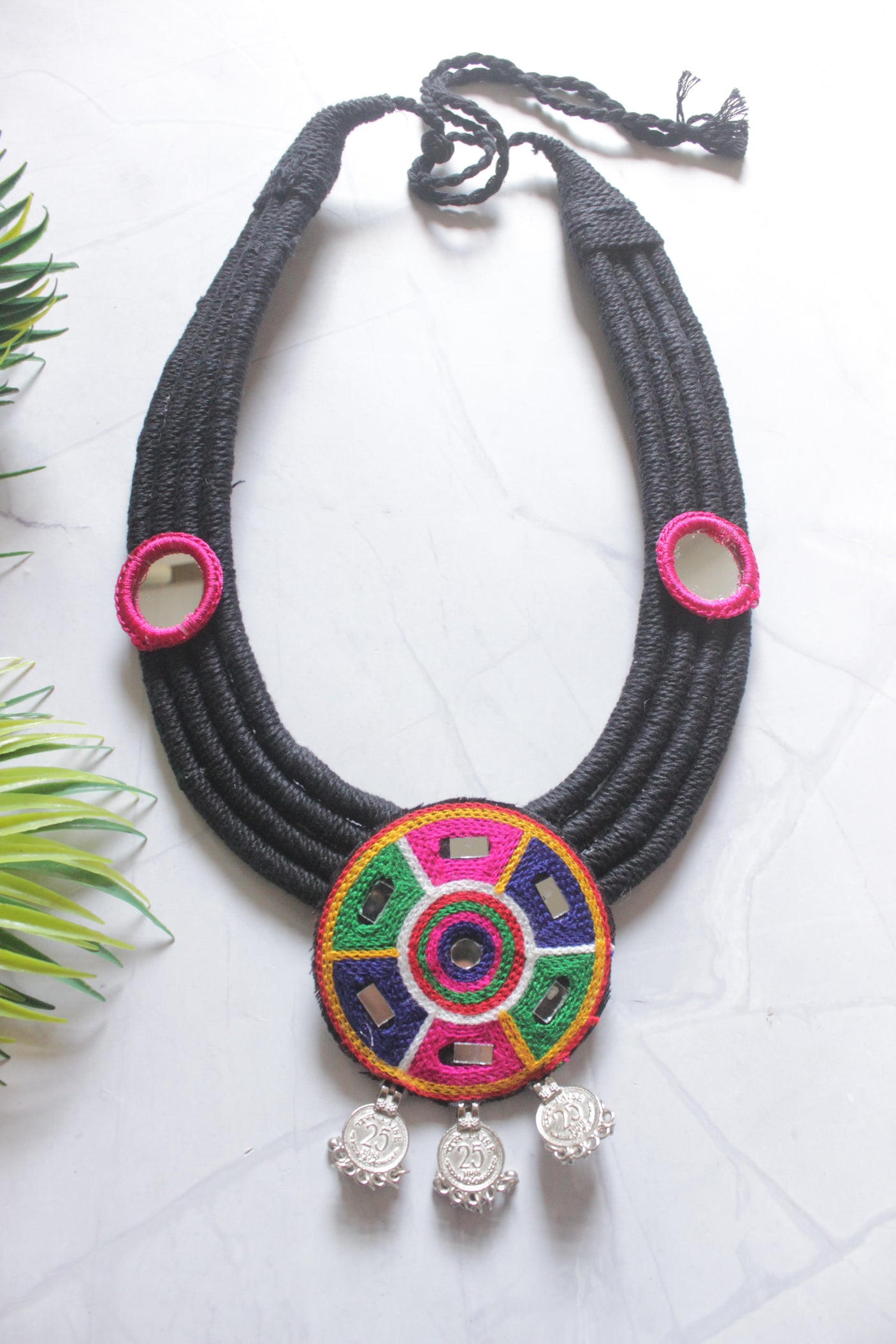 Bohemian Multicolor Embroidered Necklace with Coin Charms