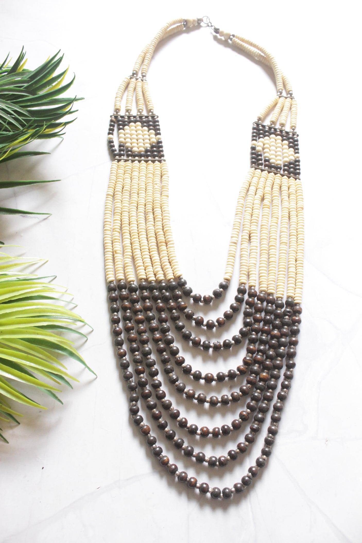 Ivory and Brown Acrylic Beads Multi-Layer Necklace