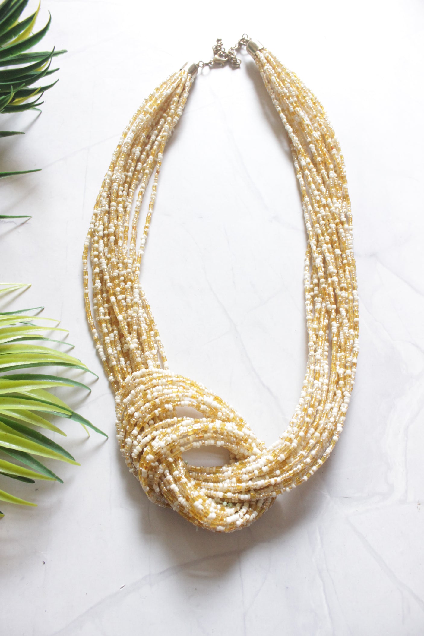 Multi-Strand Boho Beaded Necklace in Ivory and Yellow Tones