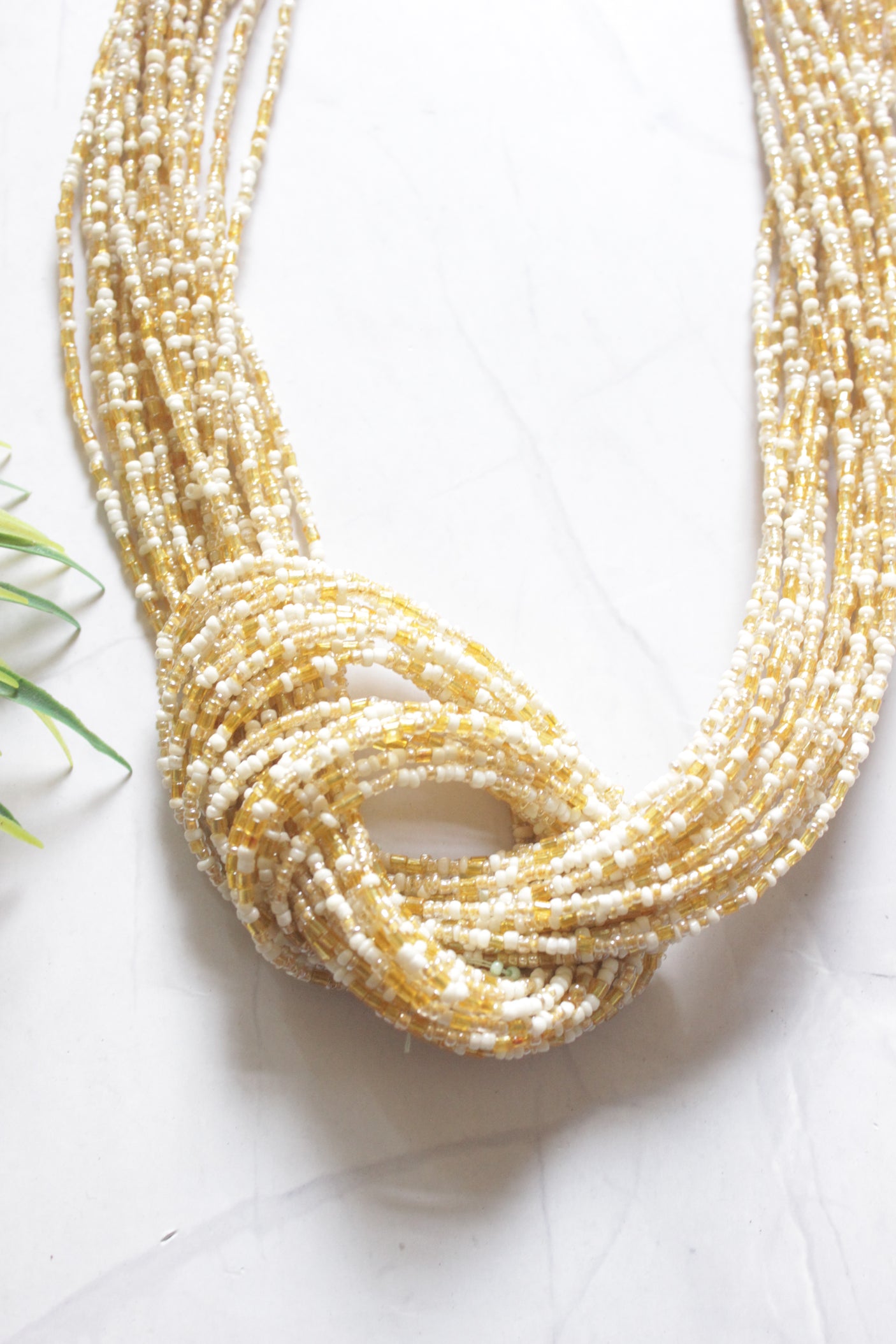 Multi-Strand Boho Beaded Necklace in Ivory and Yellow Tones
