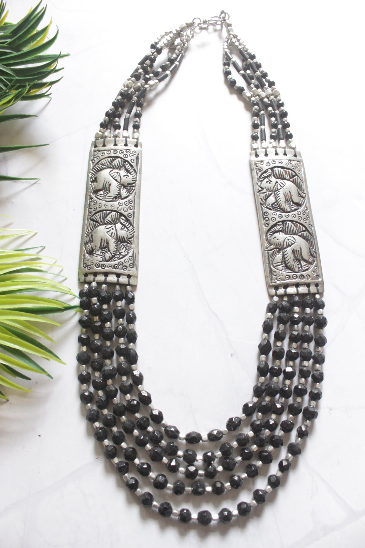 Ethnic Necklace with Black Glass Beads and Engraved Silver Plates